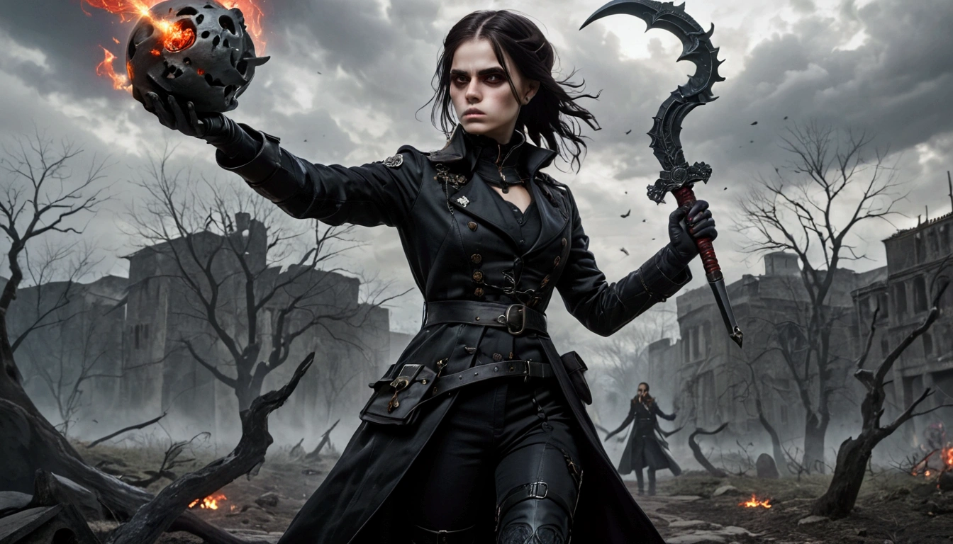 The image shows a young girl She has long, dark two braid hair and wears a black, intricately embellished greatcoat adorned with skull motifs. Her expression is stern and determined, commanding.

In her right hand, she holds a curved, ornate sword, while her left hand is raised and glowing with a red, fiery energy, indicating that she possesses magical abilities. 