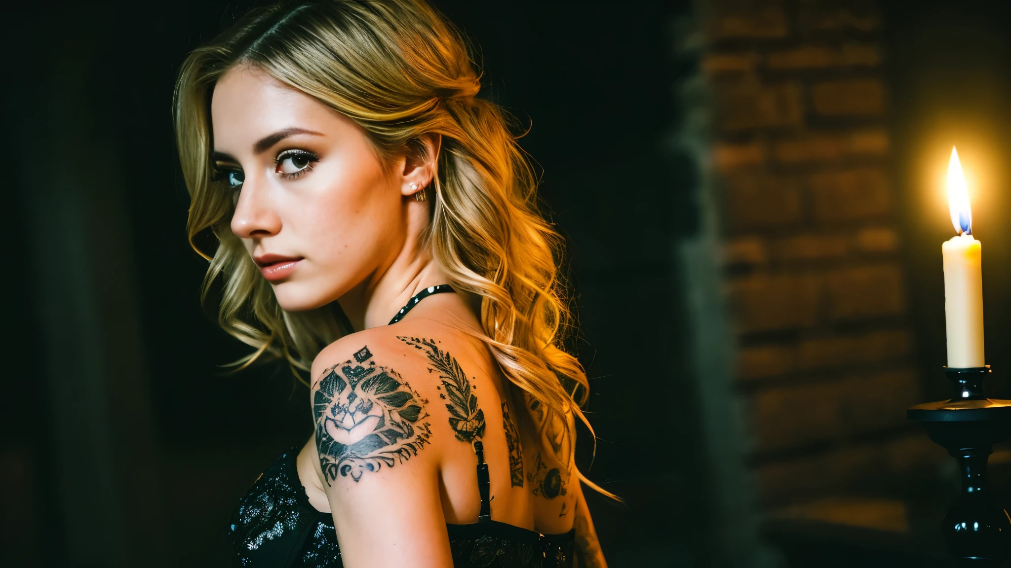 tatuados,Beautiful blonde with big breasts in a black dress、(Back tattoo、Many tattoos on both arms and neck)、 (Midnight Prison、walk),Candlelight only,Very detailed, 21 years old, Innocent face, Wavy Hair, blue eyes, High resolution, masterpiece, Highest quality, Intricate details, Very detailed, Clear focus, Delicate skin, practical skin texture, texture, Delicate eyes, Professional, 4K, Sad face,despair、 Shot with Canon, 85mm, Shallow and deep,  Kodak Vision Color, Exactly, Very detailed, photograph_\(Extremist\), photographpractical, practical, Post-processing, Maximum details, Roughness, Real Life, Extremist practical, Photorealism, photographgraphy, 8K Ultra HD, photographgraphy