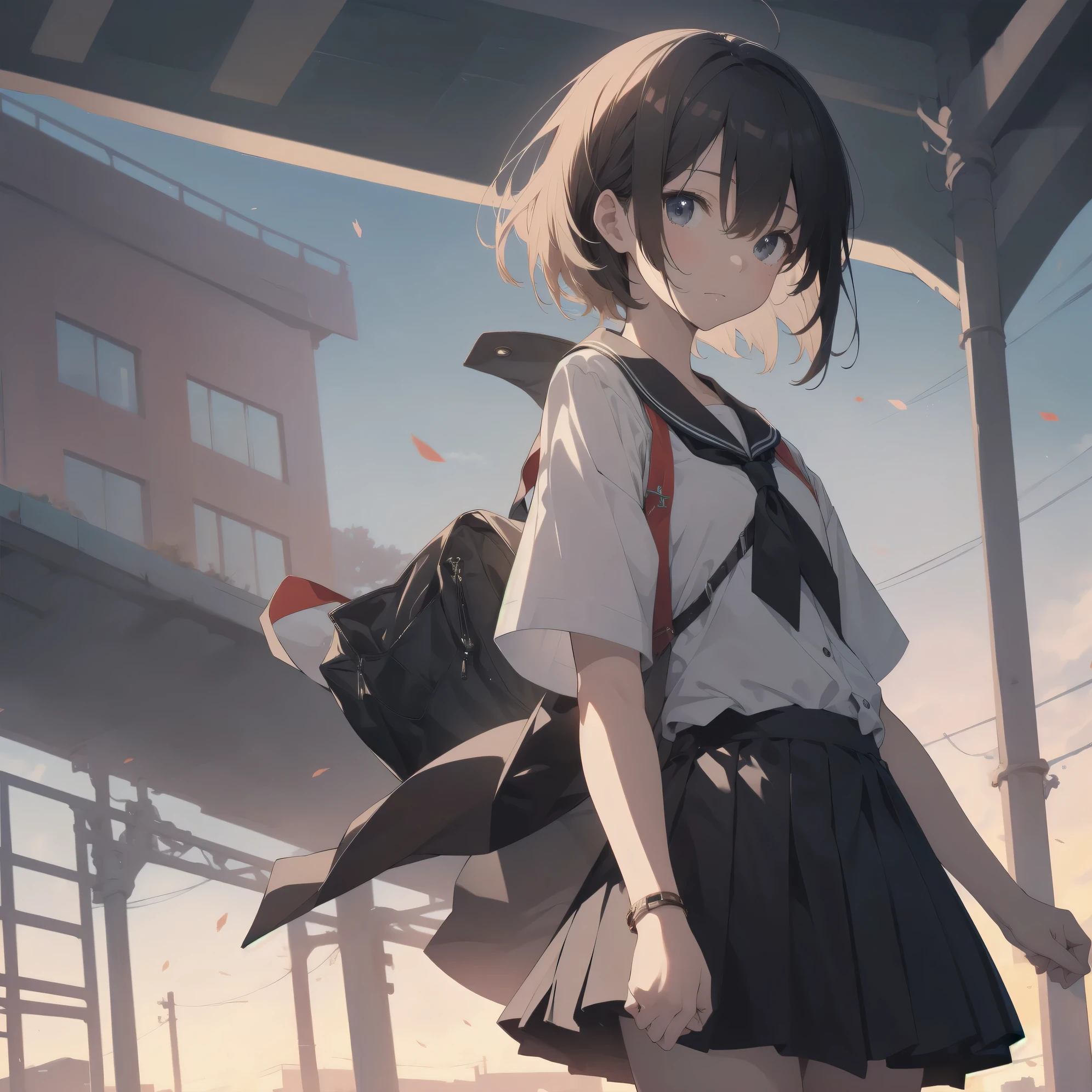 ultra-absurdres-Top quality by artist God, ultra-detailed, high resolution, anime moe artstyle, best anime 8k konachan wallpaper, pixiv contest winner, pool:2810, perfect anatomy,break, 1girl, (Please draw a girl walking sleepily to school alone. )break,(Solo,little female, 13-year-old:1.3),Full limbs, complete fingers,a junior high school student, (very short hair), short cut, flat chest, , small butt, small black eyes, beautiful detailed eyes, well-proportioned iris and pupils, expressive eyes, highres detailed hair, soft expression, salor school_uniform, sailor collar, serahuku, bow, pleated skirt,(Detailed Lighting), (Detailed background), in the School commute route. break,super detailed skin, Best cinematic lighting powered by famous artist, 8k,beauty illustration,photoshop_(medium),very aesthetic,break,((artist:zen_(kamuro) )), artist:clamp ,artist:carnelian ,artist:kantoku ,