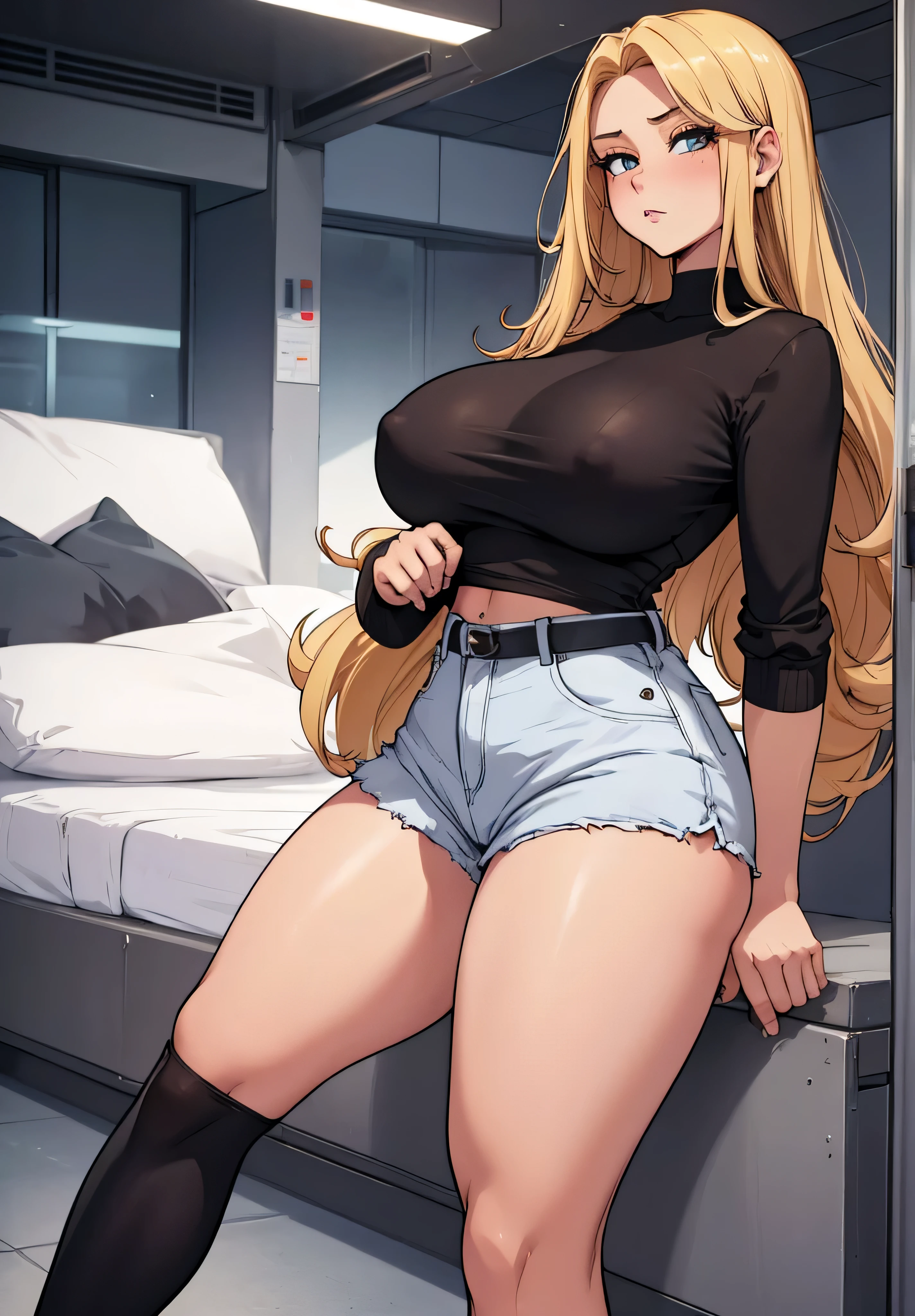 absurderes, high resolution, ultra-sharp, 8k, work of art, 1 girl, long hair, , without bangs, hair blonde, huge, curvy breasts, cups, casual outfit, Top without bra , Informal appearance, tight shorts, pose sexy 