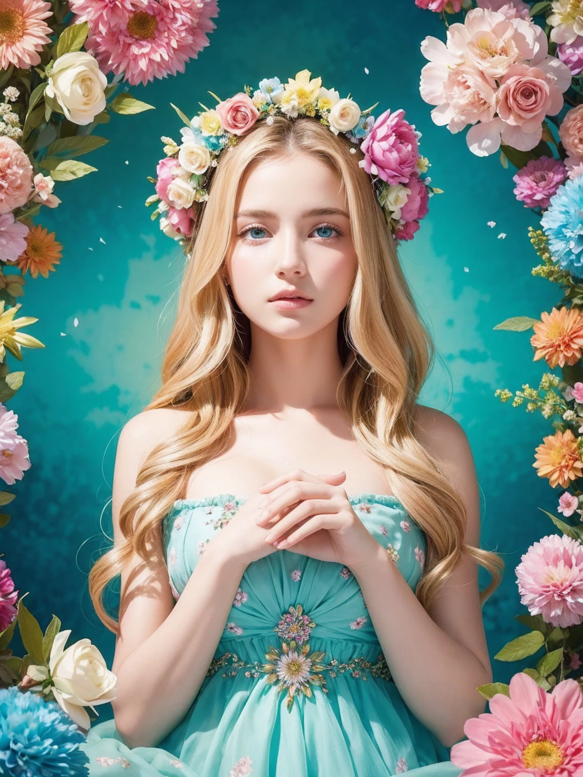 A breathtaking cinematic scene unfolds: A ravishing French woman, adorned with a delicate flower crown, sits amidst a tapestry of vibrant blooms. Her luminous face, featuring piercing blue-turquoise eyes, holds the viewer's gaze as she poses directly into the lens. Her pastel-hued dress, intricate floral patterns, and luscious blonde locks are framed against a kaleidoscope of colorful flowers in 16K resolution.