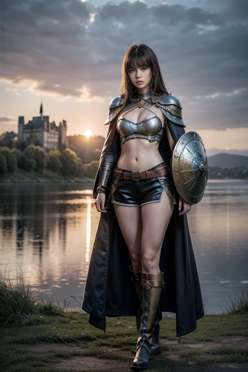 Characters from the world of swords and magic，Realistic，Whole body expression、One girl、Beautiful woman、Woman warrior、Woman in her 30s，Serious face、A condescending face、The long, narrow eyes are characteristic，Bright red, curly, long hair，The bangs hang down towards the face，tall，Wearing a metal breastplate、The navel is visible、Shorts、Super Long Boots，Show whole body，Wearing a cloak，Carrying a large shield、Landscape with a castle in the background