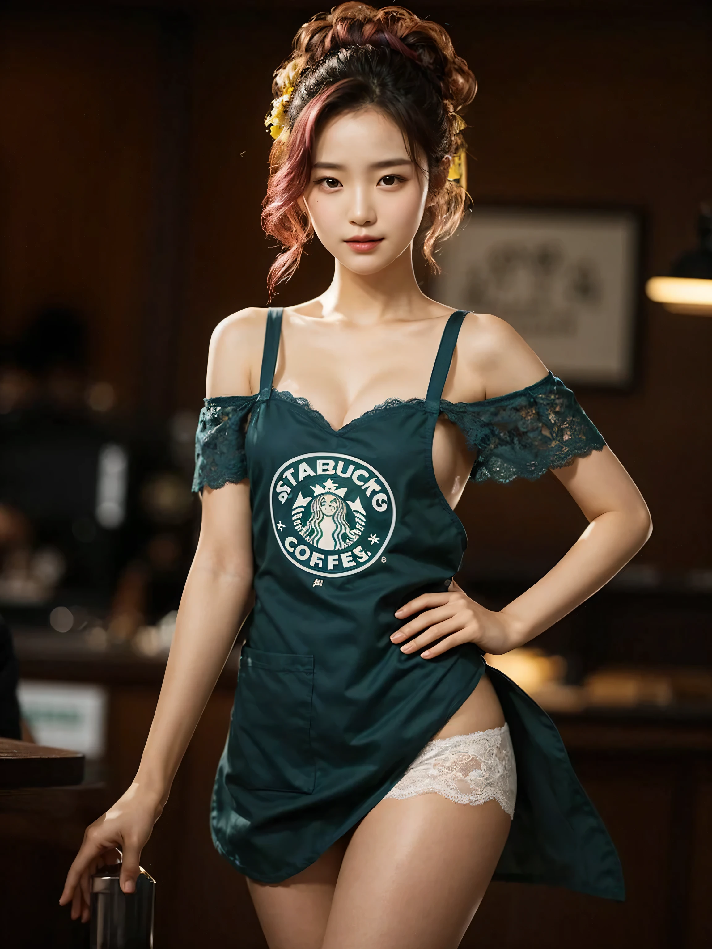 young korean female with a pear body shape and fair skin, she has a curvy larged-size chest, Cool beauty,Looks sweet,(updo, blue and pink hair), only wearing dark green starbucks apron, off-shoulders with lace strapless bra, white lace-trimmed underwear, she has big thigh, full body photo, standing pose. Side view. In coffee shop.