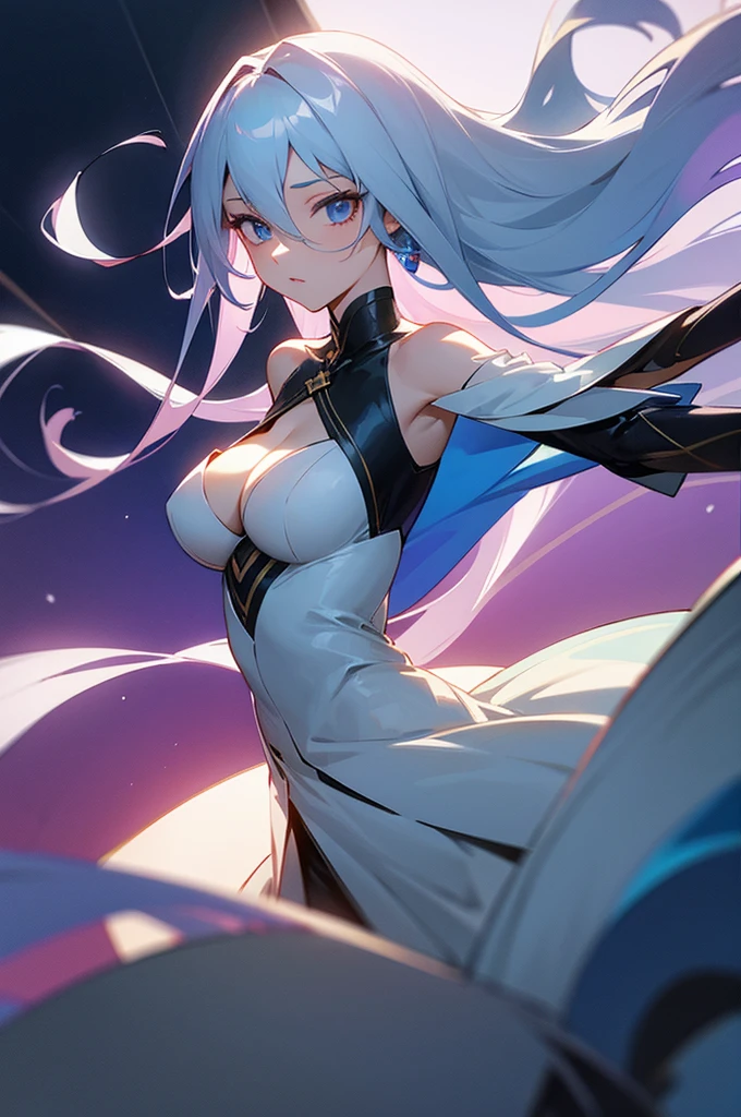 Extremely detailed CG unified 8K wallpaper、very fine 8KCG wallpaper, at room, show cleavage,
- *Hair*: Long, silver, straight, typically styled to flow down her back
- *Eyes*: Sharp blue, convey a sense of mystery and intelligence
- *Build*: Slender and graceful
- *Fashion*: Neat and proper , emphasizing her poised character