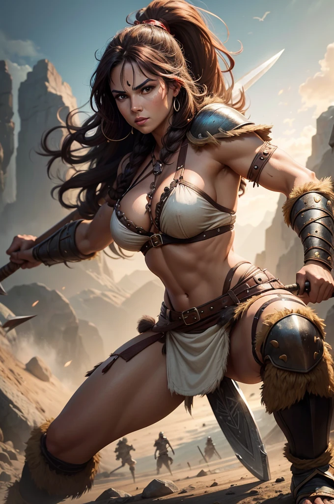 A beautiful barbarian woman wielding a battle axe, dressed in primitive armor in a defensive stance