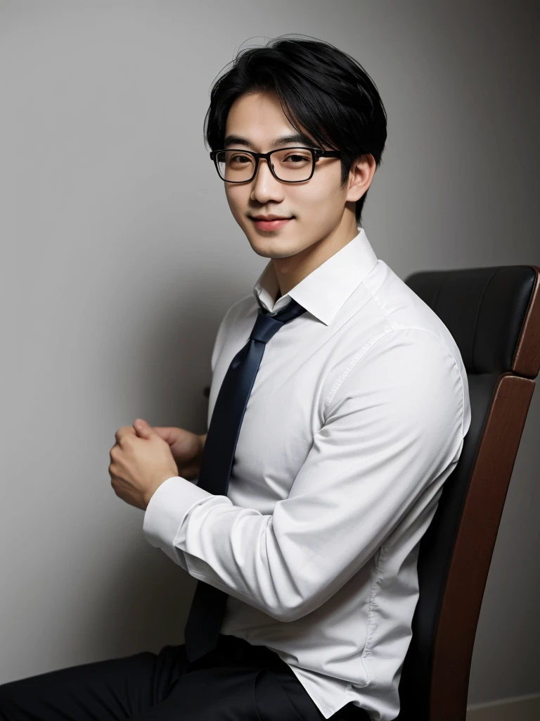 (protrait photo)asian man, 30 years old, project Manager。wear glasses,He is wearing a dark suit, Pair with a white shirt and dark tie。His hair is neat, Face clean and clean, round face,short hair,Eyes reveal wisdom and confidence。He smiles and looks at the camera, Convey a professional and capable temperament, Ultra high quality, masterpiece, textured skin, high quality, high resolution, best quality, high detail,Half-length photo,whole body, sitting, lifted arms, spread legs