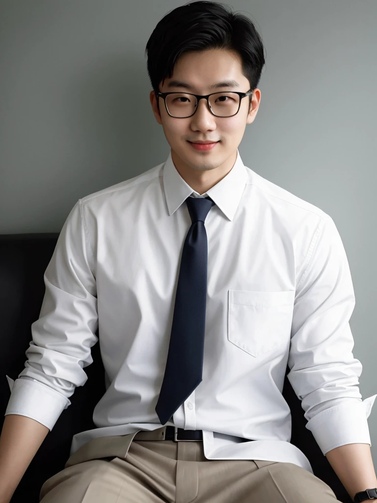 （protrait photo）asian man, 30 years old, project Manager。wear glasses，He is wearing a dark suit, Pair with a white shirt and dark tie。His hair is neat, Face clean and clean, round face，short hair，Eyes reveal wisdom and confidence。He smiles and looks at the camera, Convey a professional and capable temperament, Ultra high quality, masterpiece, textured skin, high quality, high resolution, best quality, high detail，Half-length photo，whole body, sitting, lifted arms, spread legs