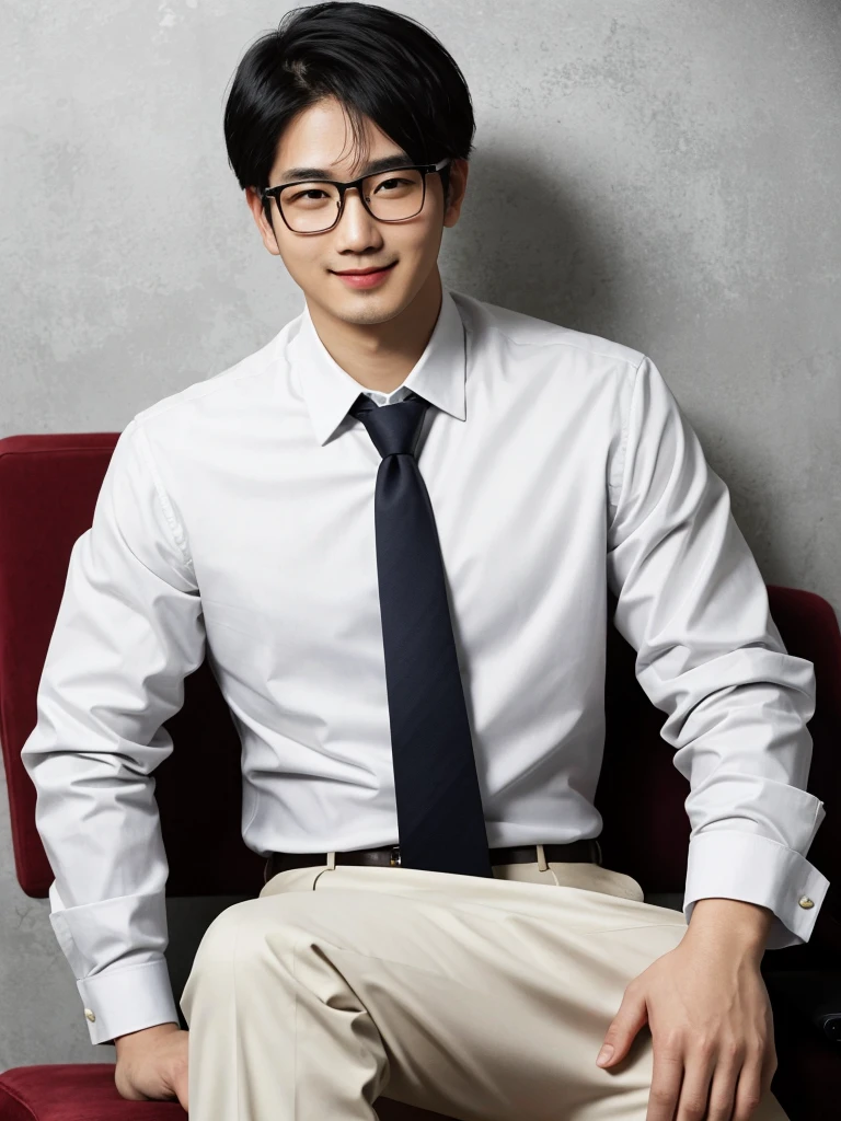 (protrait photo)asian man, 30 years old, project Manager。wear glasses,He is wearing a dark suit, Pair with a white shirt and dark tie。His hair is neat, Face clean and clean, round face,short hair,Eyes reveal wisdom and confidence。He smiles and looks at the camera, Convey a professional and capable temperament, Ultra high quality, masterpiece, textured skin, high quality, high resolution, best quality, high detail,Half-length photo,whole body, sitting, lifted arms, spread legs