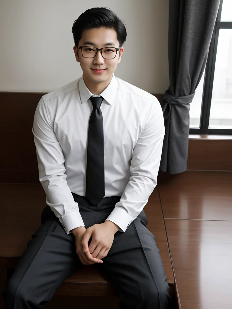 （protrait photo）asian man, 30 years old, project Manager。wear glasses，He is wearing a dark suit, Pair with a white shirt and dark tie。His hair is neat, Face clean and clean, round face，short hair，Eyes reveal wisdom and confidence。He smiles and looks at the camera, Convey a professional and capable temperament, Ultra high quality, masterpiece, textured skin, high quality, high resolution, best quality, high detail，Half-length photo，whole body, sitting, lifted arms, spread legs