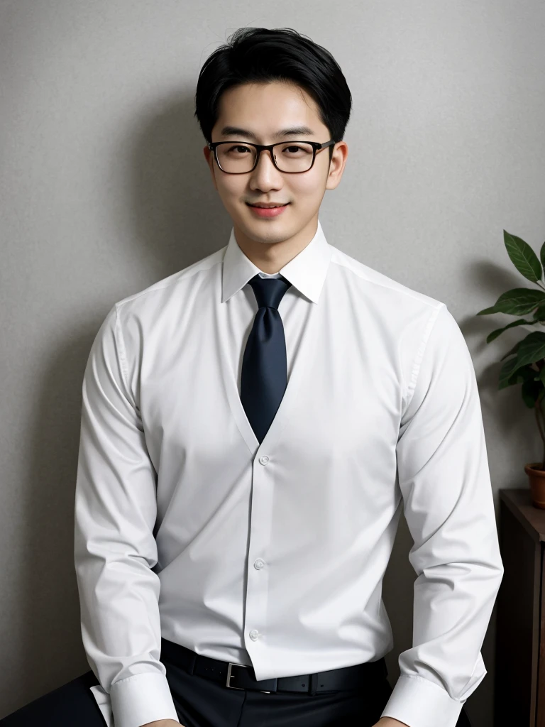 (protrait photo)asian man, 30 years old, project Manager。wear glasses,He is wearing a dark suit, Pair with a white shirt and dark tie。His hair is neat, Face clean and clean, round face,short hair,Eyes reveal wisdom and confidence。He smiles and looks at the camera, Convey a professional and capable temperament, Ultra high quality, masterpiece, textured skin, high quality, high resolution, best quality, high detail,Half-length photo,whole body, sitting, lifted arms, spread legs