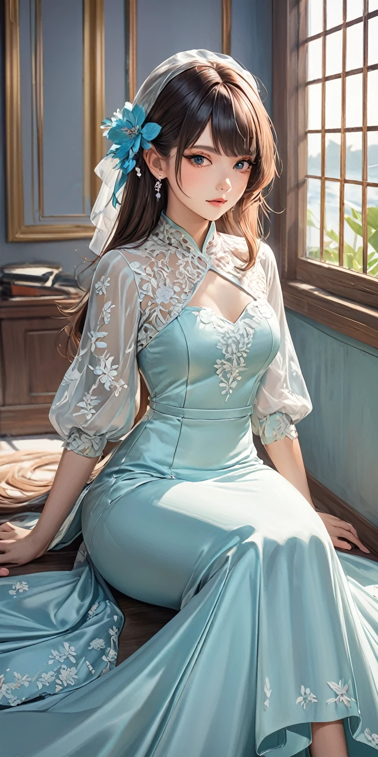 Portraiture、(masterpiece,Highest quality,Ultra-high resolution),Japanese women, (((Very beautiful 25 year old girl))),She is wearing a shiny light blue satin long sleeve dress..、The dress has a simple design without any patterns..、The skirt is mermaid style
