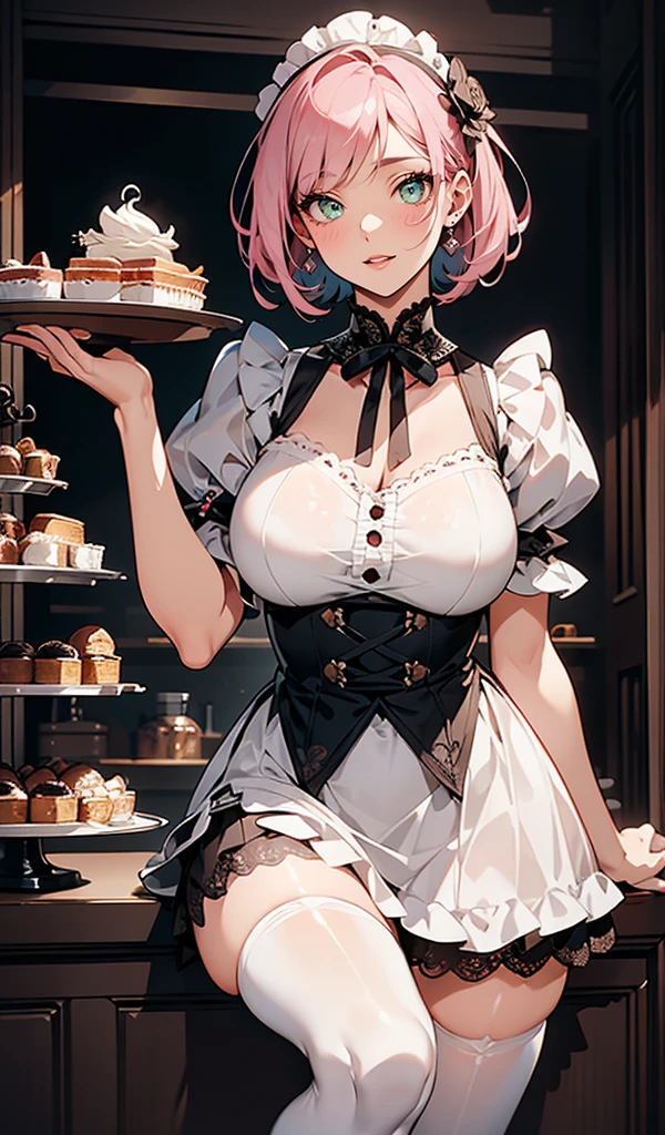 Please follow the all prompts below exactly and faithfully, masterpiece, Maximize highest quality:1.5, Maximum highest beautiful and realistic digital illustrations:1.5, maximum resolution, UHD, 16K, 1080p, ultra highest clear details, smooth, soft and clearly and most realistic skin texture and hair texture:1.5, highest beautiful detailed eyes texture:1.5, Amazing dynamic movement:1.5, Maximize every effect and present it in the ultimate quality, 1slut, sexy, cool beauty, 25years old, beautiful face sharp, elegant mature woman, Ultimate perfect body style, beautiful beautiful big breasts, Maximize upturned breasts, beautiful green eyes, shiny light pink hair, short hair, Shag cut, (eyes visible through hair:1.3), glossy very thick lips, pink lipstick, Obscene smile:1.5, A waitress in a fascinating and unique attire, an ornate apron dress with lace and frills in lavender, a V-neckline with lace trim, fitted bodice with decorative buttons, puffed sleeves with lace hems, a layered mini skirt with ruffles and lace accents, knee-high socks with lace edges in white, holding a tray with a variety of desserts, dynamic stance, background of a bustling café with patrons,niji5,ani_booster