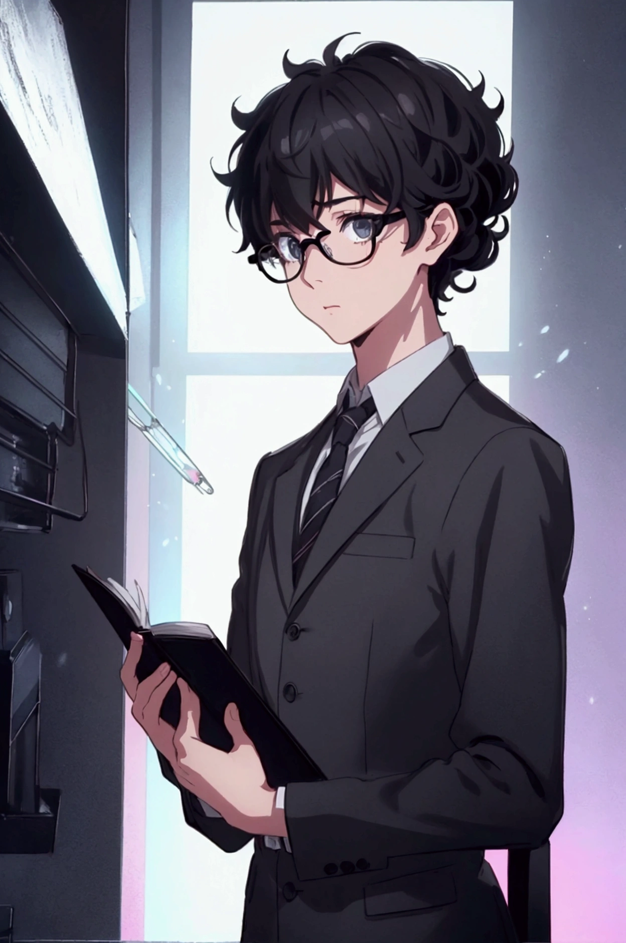 (1 boy), (), male, tie, holding a bool, cute boy, adorable, holding a book, small book in hand, (holding small book), Thick black frame glasses, shy, black messy hair, bluish-grey eye color, wearing glasses, 4k, detailed, anime 4k, (Curly hair), from side, character focus, ((black light)),((dark lighting)), cinematic lighting ,(darkness), (concept art), high resolution,(incredibly absurdres) ,extremely detailed CG unity 8k wallpaper, ((masterpiece)), ((top-quality)), (beautiful illustration), ((an extremely delicate and beautiful)), (masterpiece, Best quality, ultra high resolution), Black hair, pale skin, ultra detailed eyes, Beautiful and detailed face, detailed eyes, (Centered, torso), (wide shot:0.9), facing the viewer, Eye level, ((male)), shy, blushing