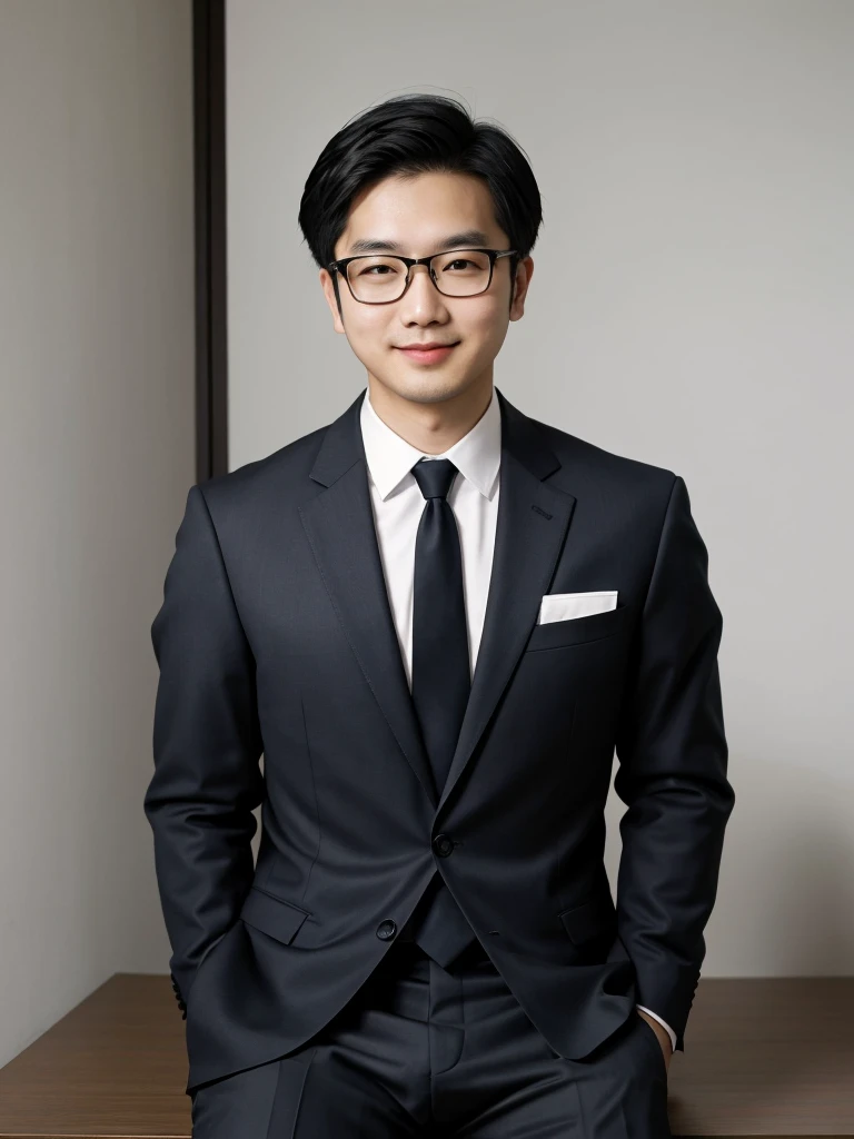 （protrait photo）asian man, 30 years old, project Manager。wear glasses，He is wearing a dark suit, Pair with a white shirt and dark tie。His hair is neat, Face clean and clean, round face，short hair，Eyes reveal wisdom and confidence。He smiles and looks at the camera, Convey a professional and capable temperament, Ultra high quality, masterpiece, textured skin, high quality, high resolution, best quality, high detail，Half-length photo，whole body, sitting, lifted arms, spread legs