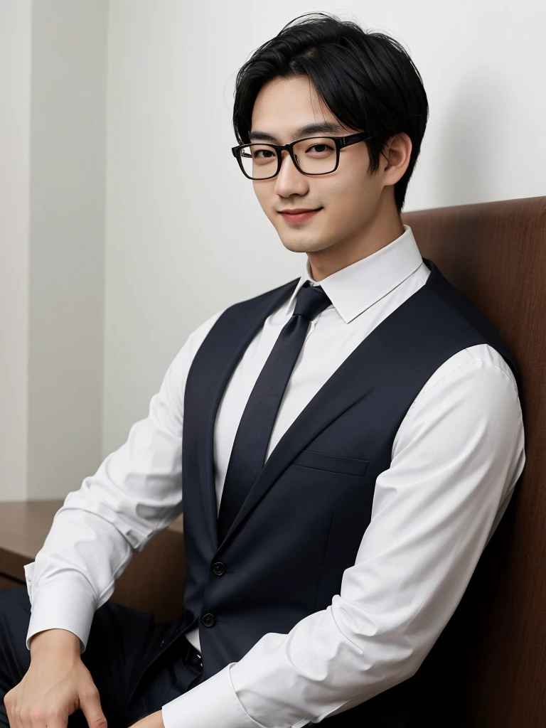 (protrait photo)asian man, 30 years old, project Manager。wear glasses,He is wearing a dark suit, Pair with a white shirt and dark tie。His hair is neat, Face clean and clean, round face,short hair,Eyes reveal wisdom and confidence。He smiles and looks at the camera, Convey a professional and capable temperament, Ultra high quality, masterpiece, textured skin, high quality, high resolution, best quality, high detail,Half-length photo,whole body, sitting, lifted arms, spread legs