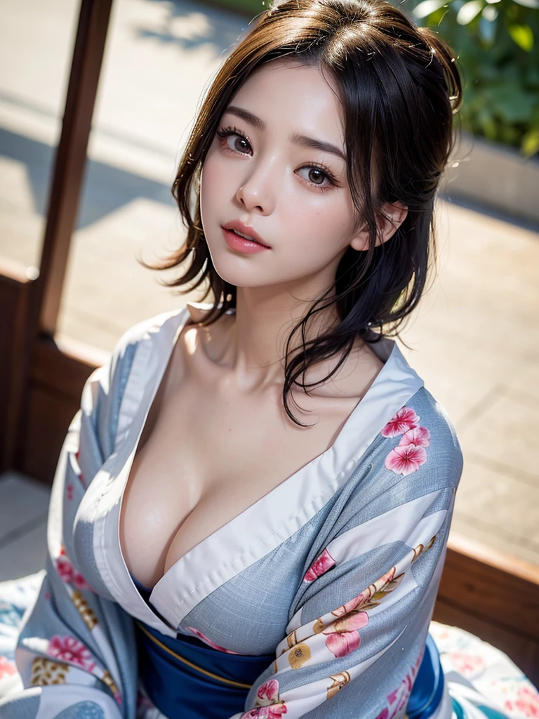 Mix 4, (8k, Live Shooting, Highest quality, masterpiece: 1.2), (Real, Photorealistic: 1.37), 一人のgirl, cute, night, rain, Wetty, Professional Lighting, Photon Mapping, Radio City, Physically Based Rendering, Gradient black hair, Gray Hair, Short Curly Hair, good looking, girl, Highest quality写真, High resolution, 1080P, (Clear Face), (Detailed face description), (Detailed hand description), (masterpiece), (Exquisite CG)、Extreme light and shadow、Disheveled Hair、Masterwork、Rich details、(Fine facial features)、(Highest qualityの写真)、(Masterpiece)、(Detailed eyes)、Look in front of you、Detailed clavicle、((Mid-breasted))、Nipple erection、Sexy、Lady、Clear、Smooth Hair、Clothes are not shiny、yukata、kimono、赤色の生地のkimono、花柄のkimono、Summer festival、stall、Begging expression、Looking up、Camera angle from above、The image angle depicts the woman from above.、Looking up、The gesture of looking at someone by turning only your eyes upwards、Face slightly downwards、Looking up only with eyes、