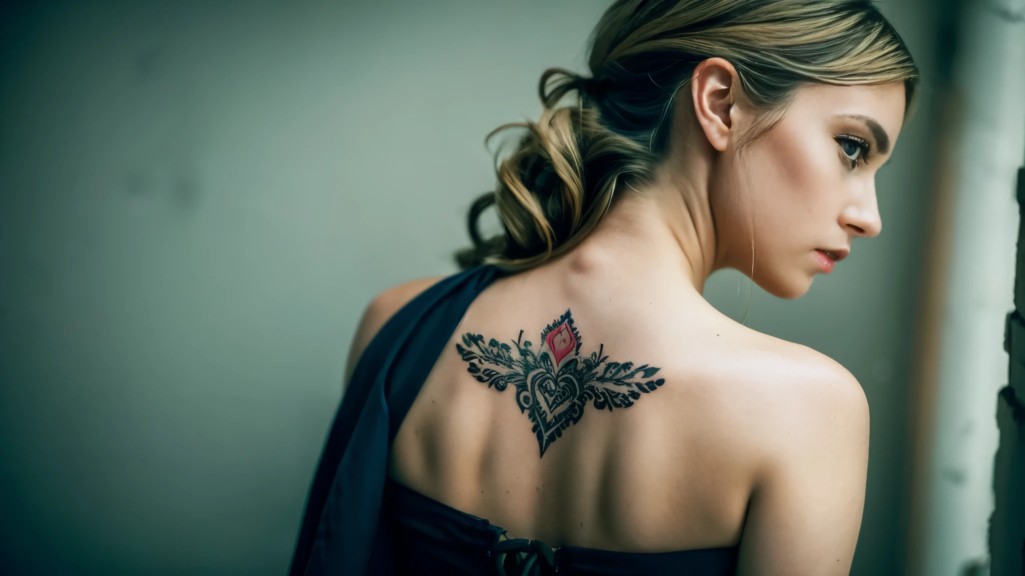 tatuados,Beautiful blonde with elegant and large breasts、(Back tattoo、Many tattoos on both arms and neck)、 (Midnight Prison、walk),Candlelight only,Very detailed, 21 years old, Innocent face, Wavy Hair, blue eyes, High resolution, masterpiece, Highest quality, Intricate details, Very detailed, Clear focus, Delicate skin, practical skin texture, texture, Delicate eyes, Professional, 4K, Sad face,despair、 Shot with Canon, 85mm, Shallow and deep, Kodak Vision Color, Exactly, Very detailed, photograph_\(Extremist\), photographpractical, practical, Post-processing, Maximum details, Roughness, Real Life, Extremist practical, Photorealism, photographgraphy, 8K Ultra HD, photographgraphy