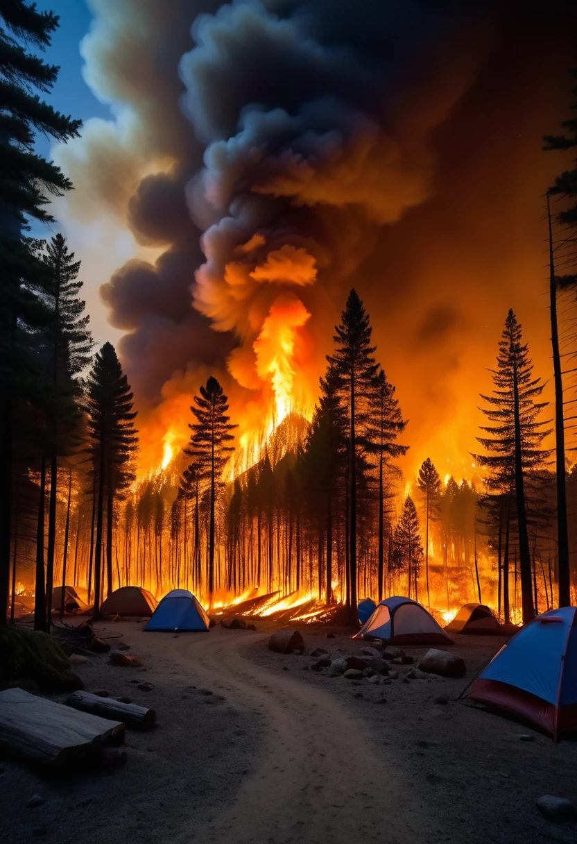 A massive forest fire breaks out in the dark of night, engulfing the campsite.、A group of campers fleeing、Some campers' bodies are on fire、
