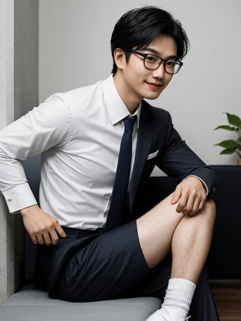 (protrait photo)asian man, 30 years old, project Manager。wear glasses,He is wearing a dark suit, Pair with a white shirt and dark tie。His hair is neat, Face clean and clean, round face,short hair,Eyes reveal wisdom and confidence。He smiles and looks at the camera, Convey a professional and capable temperament, Ultra high quality, masterpiece, textured skin, high quality, high resolution, best quality, high detail,Half-length photo,whole body, sitting, lifted arms, spread legs