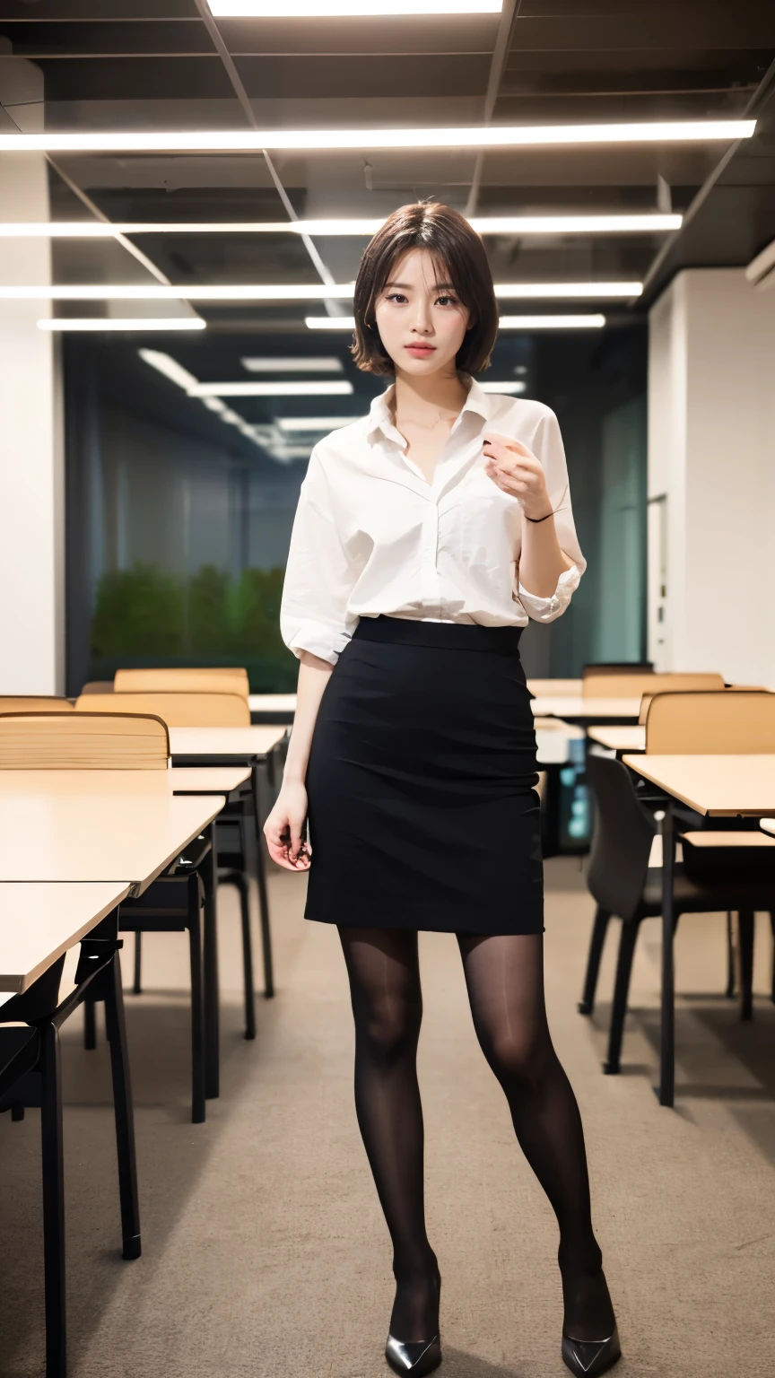 (Tabletop,high quality,16K:1.1),(Depth of written boundary:1.3) ,((Front body:1.35))smile、Beautiful teeth alignment、Short Haircut、Black Hair、Office Lady Suits、Knee-length skirt、tights、pumps、(Full Body Shot:1.2),,The background is the office