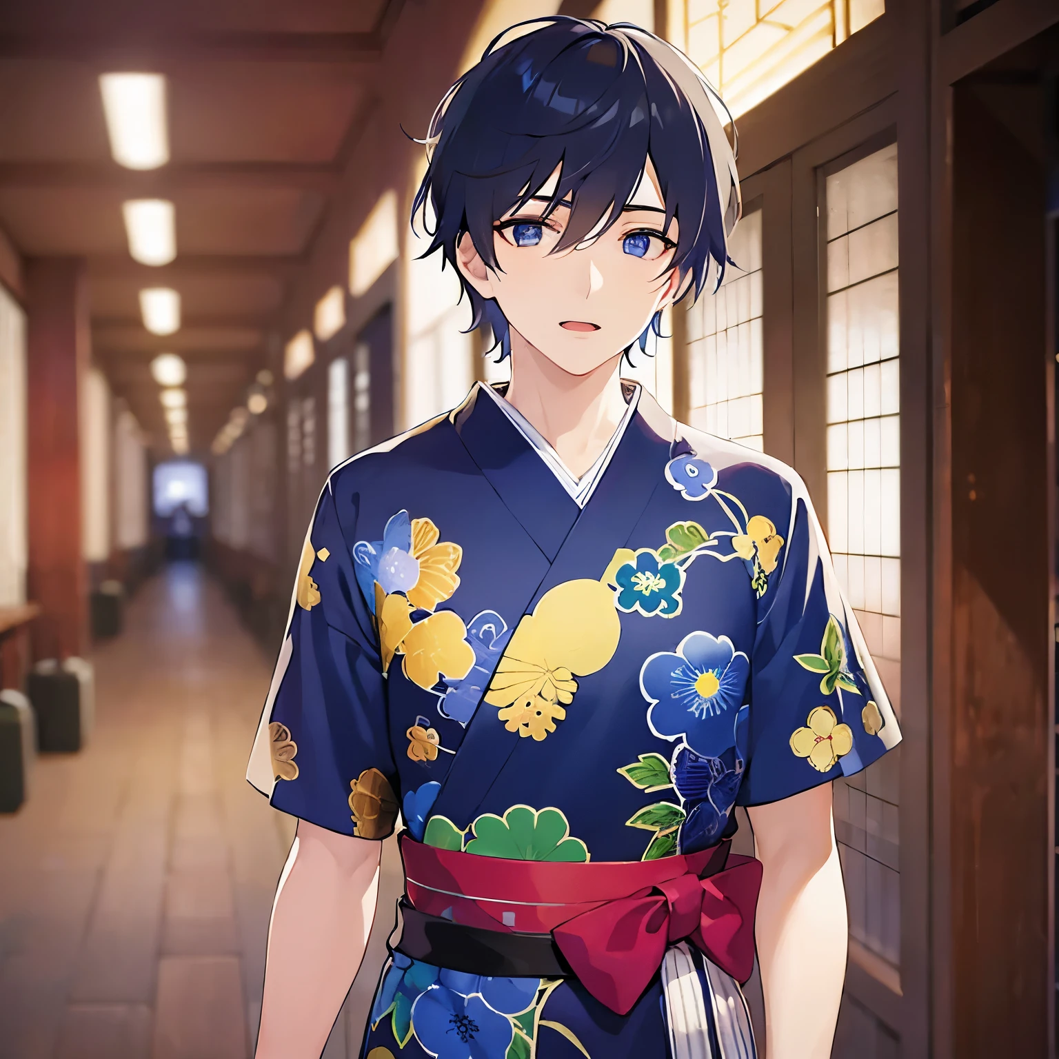 (25-year-old male:1.5) and(Black short hair) and (blue eyes), (looking away:1.5), upper body、
masterpiece、Highest quality、
(Blue) and (yukata),(open mouth:1.5),confused,The background is a Japanese-style corridor at night