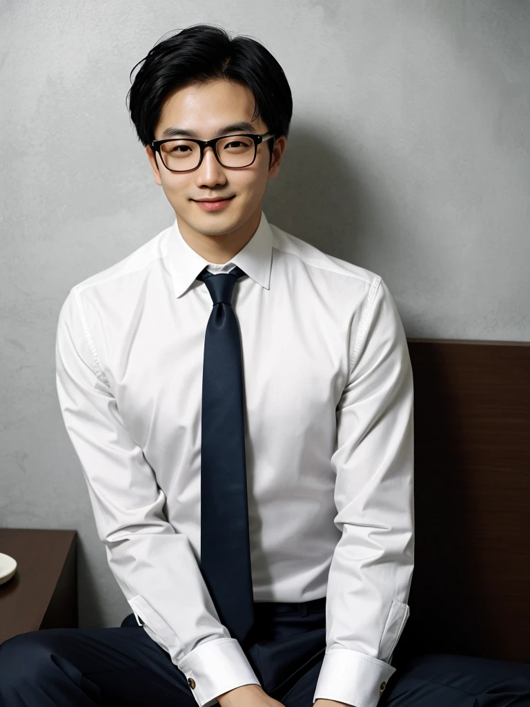 (protrait photo)asian man, 30 years old, project Manager。wear glasses,He is wearing a dark suit, Pair with a white shirt and dark tie。His hair is neat, Face clean and clean, round face,short hair,Eyes reveal wisdom and confidence。He smiles and looks at the camera, Convey a professional and capable temperament, Ultra high quality, masterpiece, textured skin, high quality, high resolution, best quality, high detail,Half-length photo,whole body, sitting, lifted arms, spread legs