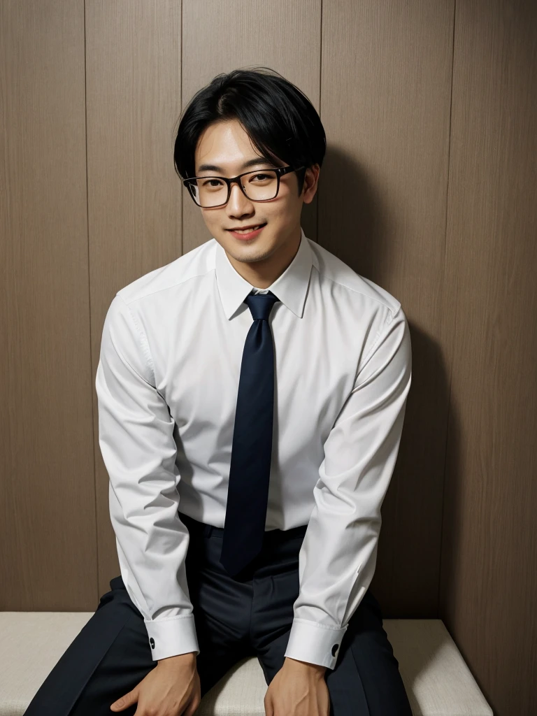 (protrait photo)asian man, 30 years old, project Manager。wear glasses,He is wearing a dark suit, Pair with a white shirt and dark tie。His hair is neat, Face clean and clean, round face,short hair,Eyes reveal wisdom and confidence。He smiles and looks at the camera, Convey a professional and capable temperament, Ultra high quality, masterpiece, textured skin, high quality, high resolution, best quality, high detail,Half-length photo,whole body, sitting, lifted arms, spread legs