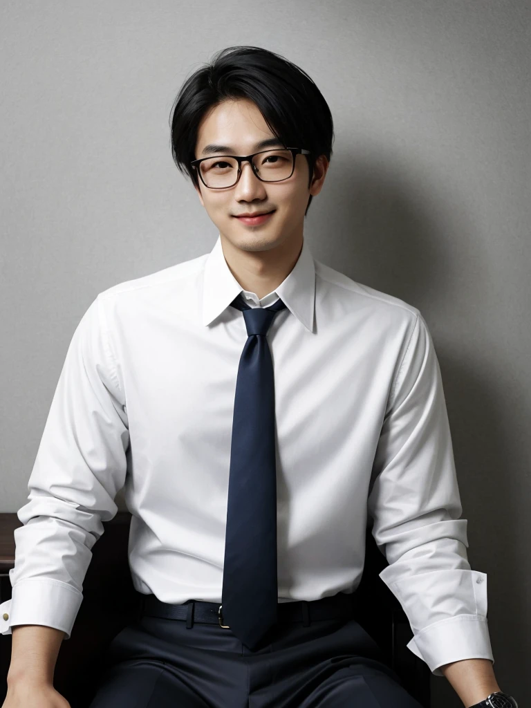 (protrait photo)asian man, 30 years old, project Manager。wear glasses,He is wearing a dark suit, Pair with a white shirt and dark tie。His hair is neat, Face clean and clean, round face,short hair,Eyes reveal wisdom and confidence。He smiles and looks at the camera, Convey a professional and capable temperament, Ultra high quality, masterpiece, textured skin, high quality, high resolution, best quality, high detail,Half-length photo,whole body, sitting, lifted arms, spread legs