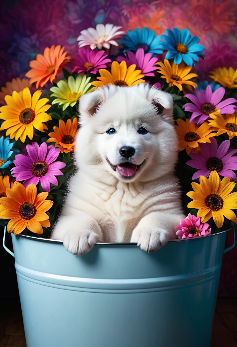 photoillustration of under exposure, a cute baby Samoyed in a bucket surrounded by multi color flowers, psychedelic, seamless, light up eyes, texture and pattern, transparency effect, iconic popping stance, dramatic shadows, dramatic lights, interlacing elements, front view, fantasy art, two tones, digital manipulated photo art, hyper-realistic, ultra-detailed, crisp clarity, high-contrast, luminous ambiance, rich textures, intricate patterns, vivid colors, cinematic lighting, photo realistic, accurate anatomical proportions, light background, blurred edges, slow shutter speed motion photography, shot on FufjiFilm XT4 camera f/2. ISO 200