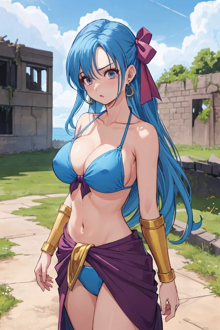 Light blue, Hair Ribbon,Long hair that reaches down to the waist、Earrings,Large Breasts 、Dragon Quest、flora、Female Warrior、Bikini Armor。Osana wife、Ruins in the background。Hero'sword、Hero'shield