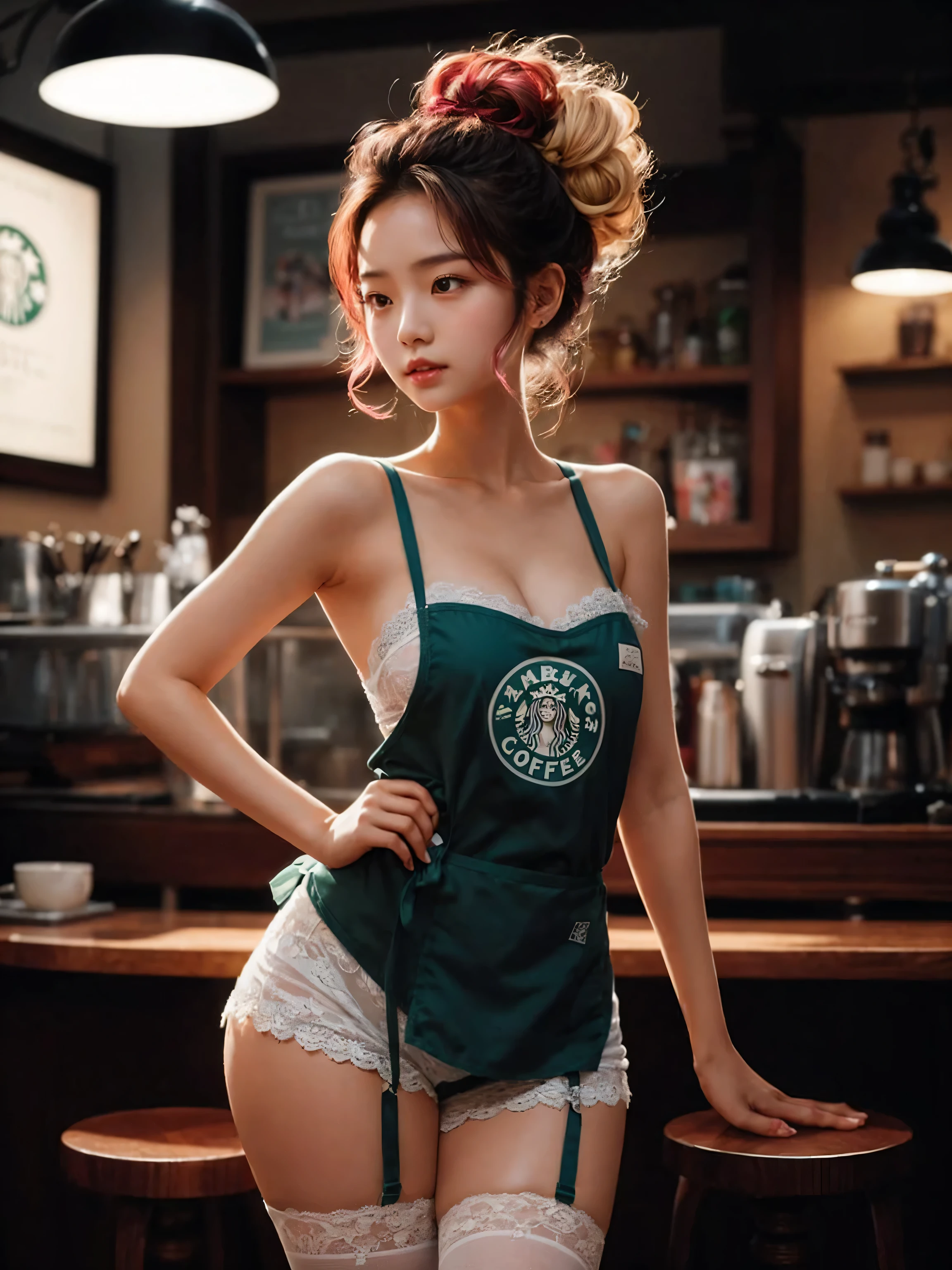 young korean female with a pear body shape and fair skin, she has a curvy larged-size chest, Cool beauty,Looks sweet,(updo, blue and pink hair), only wearing dark green starbucks apron, off-shoulders with lace strapless bra, white lace-trimmed underwear, she has big thigh, full body photo, standing pose. Side view. In coffee shop.