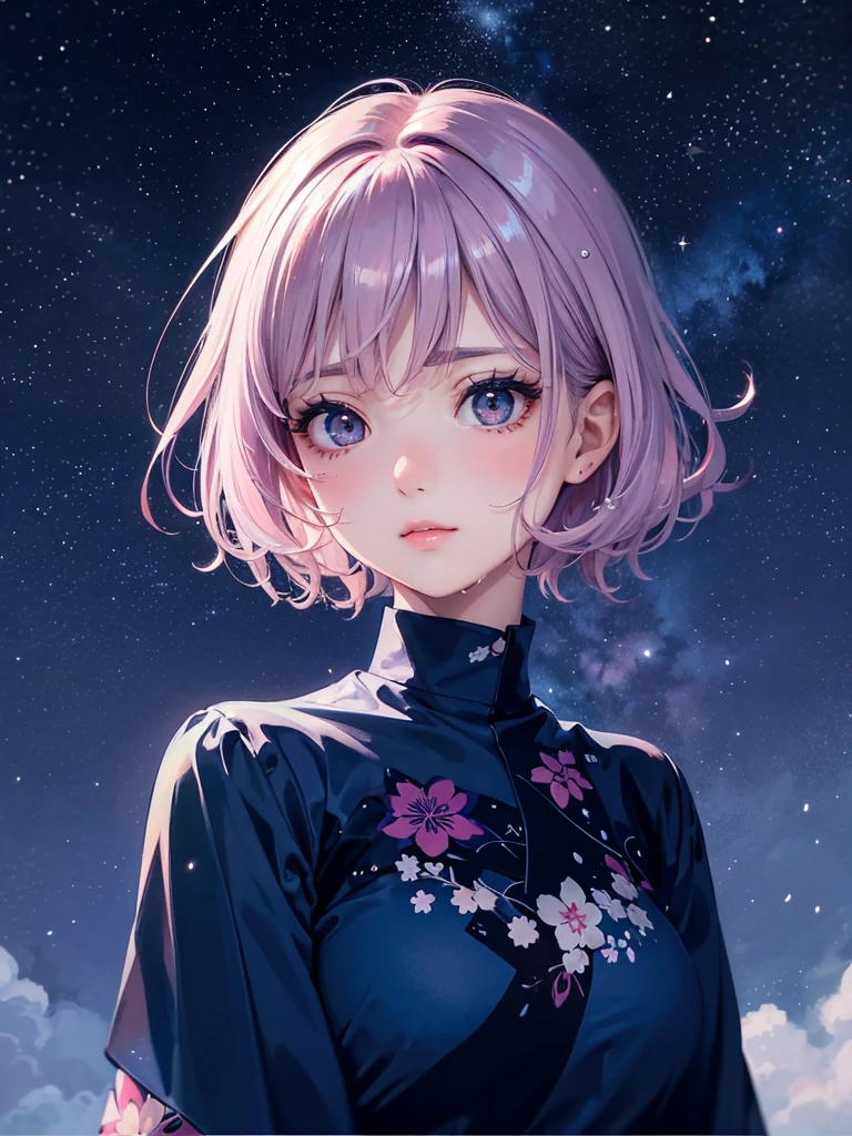 Beauty, High nose, Long eyelashes, 目にLight, Pink Lips, Closed Mouth, blue, Light, Fluttering Hair,Big eyes, Inner color hair, turn around, Get wet, short hair, cute, 30 years old, glossy, charm, Real, null,Big white t-shirt, yukata,