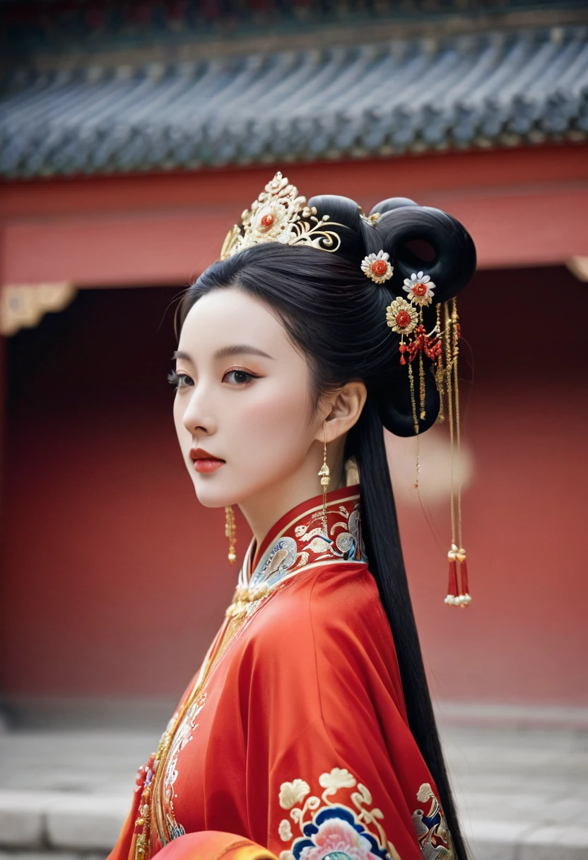 The background is a cobblestone street outside a Chinese palace in the Qing Dynasty. The empress at the Chinese court in the Qing Dynasty is wearing red Hanfu and looking from the front. Her big buttocks are covered with a naked loincloth that has been moved down to show off her big breasts. Her hair is adorned with a gorgeous Chinese empress's crown, and the back of her hair is tied up at the top.
