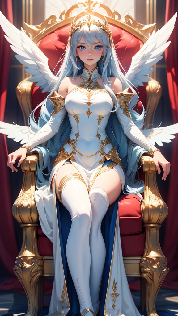 Create an ultra realistic 5D image of a beautiful woman with beautiful blue eyes, she is an angel, she has silver hair , with a halo of spectacular light, her immaculate white dress fitted to the body, His wings are heavenly and majestic, large and perfectly detailed.,  flying dynamic poses  ,She wields a spectacular gold and silver sword, She is on a spectacular red and gold throne , the image must be perfectly detailed apply HDMI technologies,1200 ppp , outside and virtual reality cool