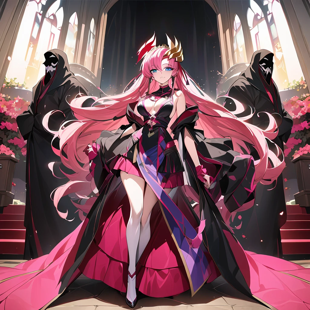 ((Highest quality)), ((masterpiece)), (detailed), (Perfect Face)、The woman is Lacus Clyne, a shrine maiden of the evil god, a saint of darkness, and the wife of the leader of the evil god cult. She has blue eyes, medium-long pink hair, a hair ornament, a gorgeous and intricately detailed black shrine maiden outfit of the evil god, an evil god necklace, evil accessories, a gorgeous evil god head chain tiara, and an engagement ring.、The woman is the wife of a middle-aged, bearded cult leader who is revered by a mysterious cult of evil gods.、He is standing at the altar of the Evil God Cult with a mysterious cult leader dressed in luxurious cult leader clothing.