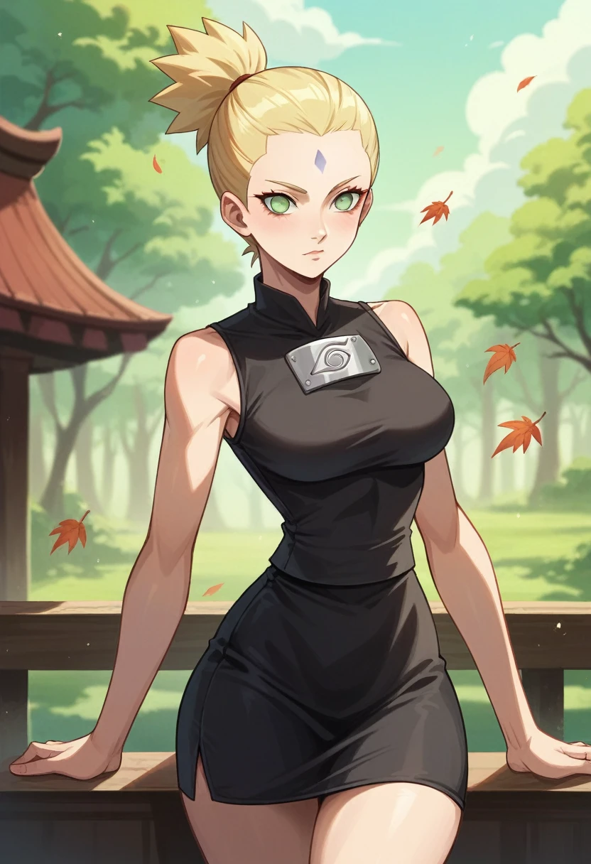 1 girl, alone , 19 years ,short blonde hair , on forehead ,green eyes , beautiful, light skin color , wide shoulders, thin waist, medium breasts, defined thighs, thin, defined lean  ,wide hips, medium ass, uzumaki clan, naruto shippuden style, Leaf village, black shirt  ,black skirt, tribe uzumaki
