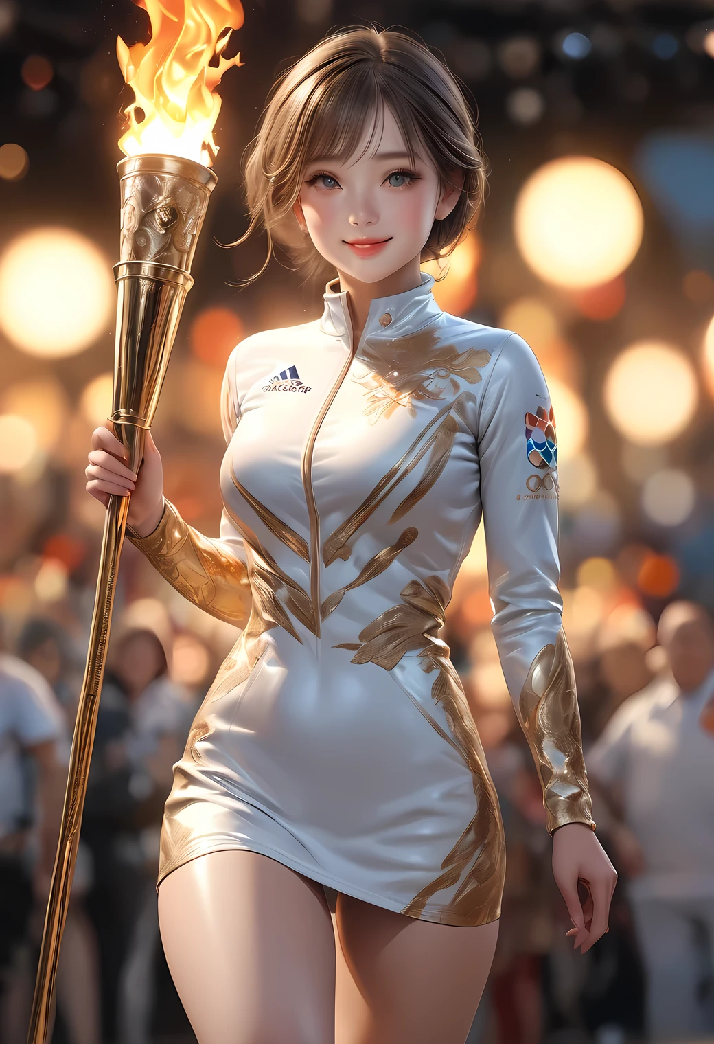 beautiful woman Olympic torchbearer, torch relay, cute, light smile, light steps:1.2, (best quality,4k,8k,highres,masterpiece:1.2),ultra-detailed,(realistic,photorealistic,photo-realistic:1.37),HDR,UHD,studio lighting,ultra-fine painting,sharp focus,physically-based rendering,extreme detail description,professional,vivid colors,bokeh,photography,natural lighting,bright,warm colors,golden hour, (beautiful detailed eyes, beautiful detailed lips, extremely detailed eyes and face, long eyelashes, thigh):0.7, full-body shot