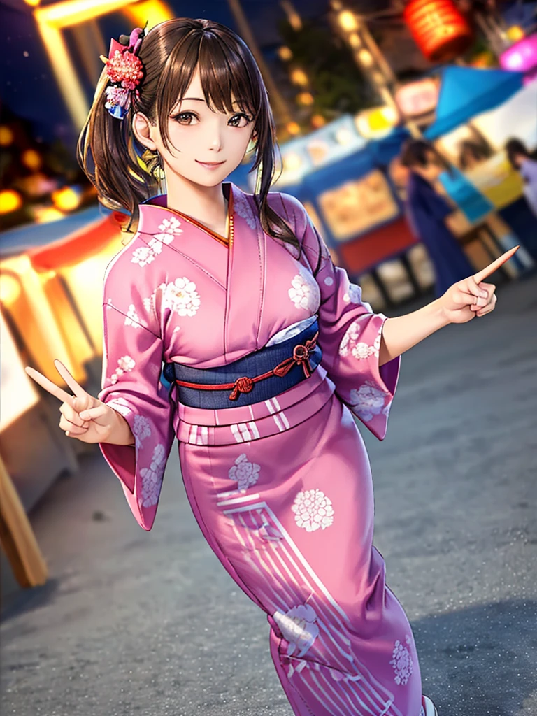 (Highest quality、8k、32K、masterpiece)、(Realistic)、(Realistic:1.2)、(High resolution)、Very detailed、Very beautiful face and eyes、(((Women's Solo Shot)))、Tight waist、(Highest quality、Attention to detail、Rich skin detail)、(Highest quality、8k、Oil paints:1.2)、(Realistic、Realistic:1.37)、Bright colors、(((Full Body Shot)))、(((Bob Hair)))、(((Medium Hair)))、(((Side Ponytail)))、(((smile)))、(((Brown Hair)))、(((She is wearing a yukata with a fireworks pattern.)))、(((Black and pink yukata)))、(((Summer Festival at Night)))、(((Making a peace sign)))、(((crowd)))、(((Lined with food stalls)))