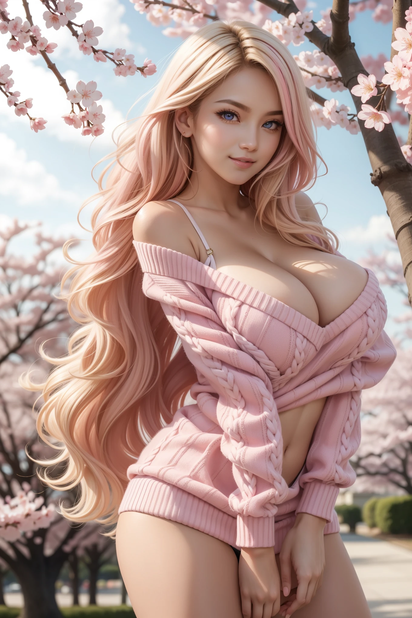 (gigantic breasts:1.5) (beautiful and cute gyaru woman) ((blonde hair with pink highlights, long wavy hair)), (cherry blossom pink eyes:1.3), light effect on eyes, extremely sexy body, ((white sweater off shoulders)), cleavage (( hyper detailed, hyper realistic, perfect lighting, 8k, complex)), outside, forward leaning pose, shy smile, pink lips, innocent and sexy face, unparalleled beauty 