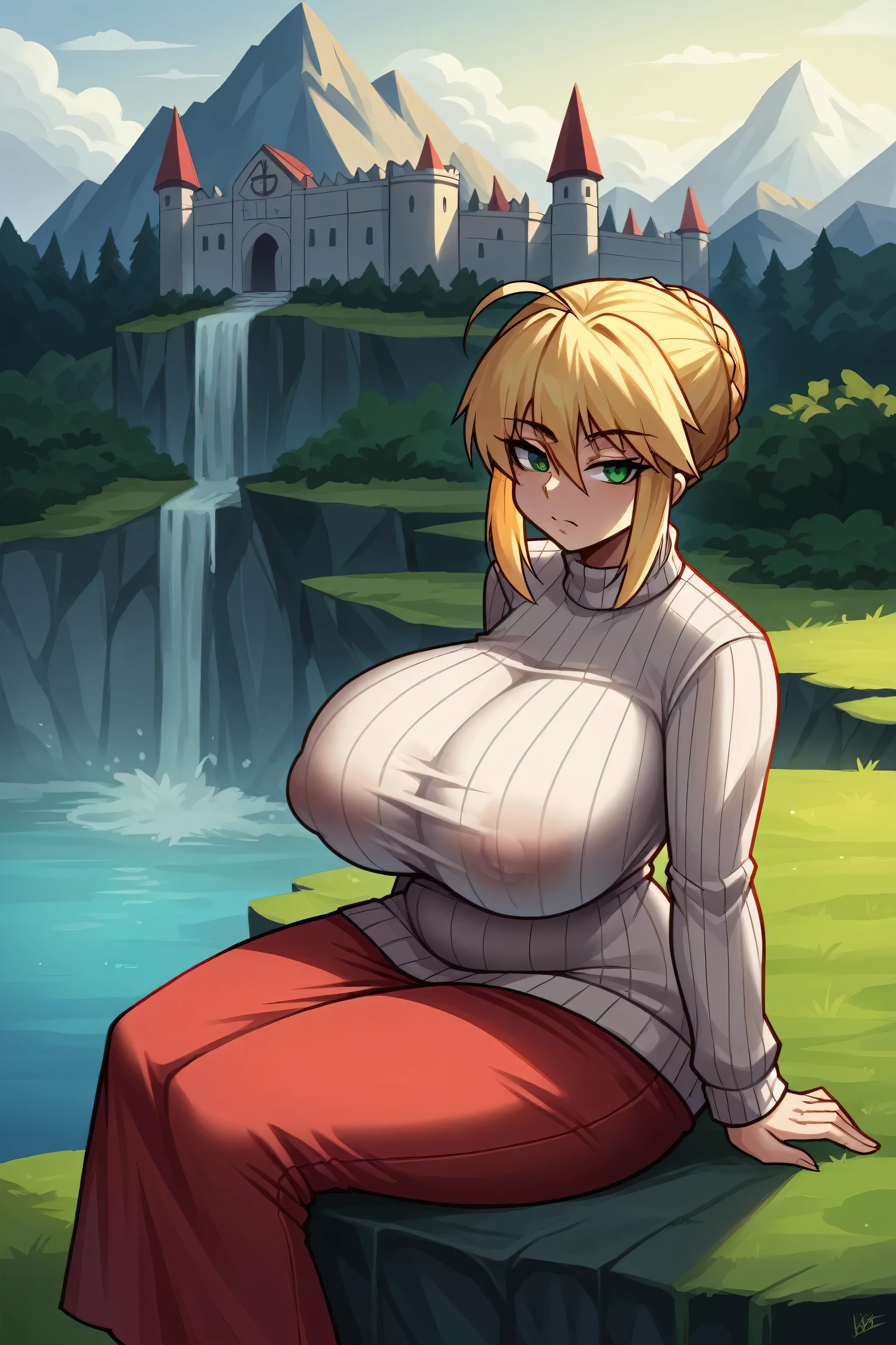 (unchanged face) anime: style image of an extremely busty woman sitting on a rock overlooking a castle (unchanged face), cushart krenz art key women, Artoria Pendragon, guweiz, guweiz style artwork, Krenzcushart, Guweiz and Pixiv Artstation, Guweiz and Artstation Pixiv, boob augmentation, giant tits, fat tits, very fat tits, extremely big tits, huge tits, tight tits, XXL size , wide tits, very fat tits, tight sweater, voluptuous, culona, extremely big butt, fat and round ass, unchanged face, big nipples, voluptuous sexy
