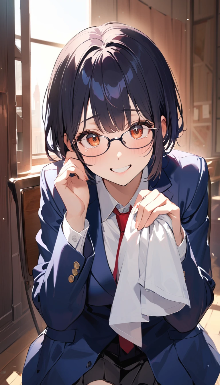A high school girl with black short bob hair, Glasses,Red ribbon,wearing a navy blazer ,Big eyes filled with tears,smile,Wiping tears with your hands