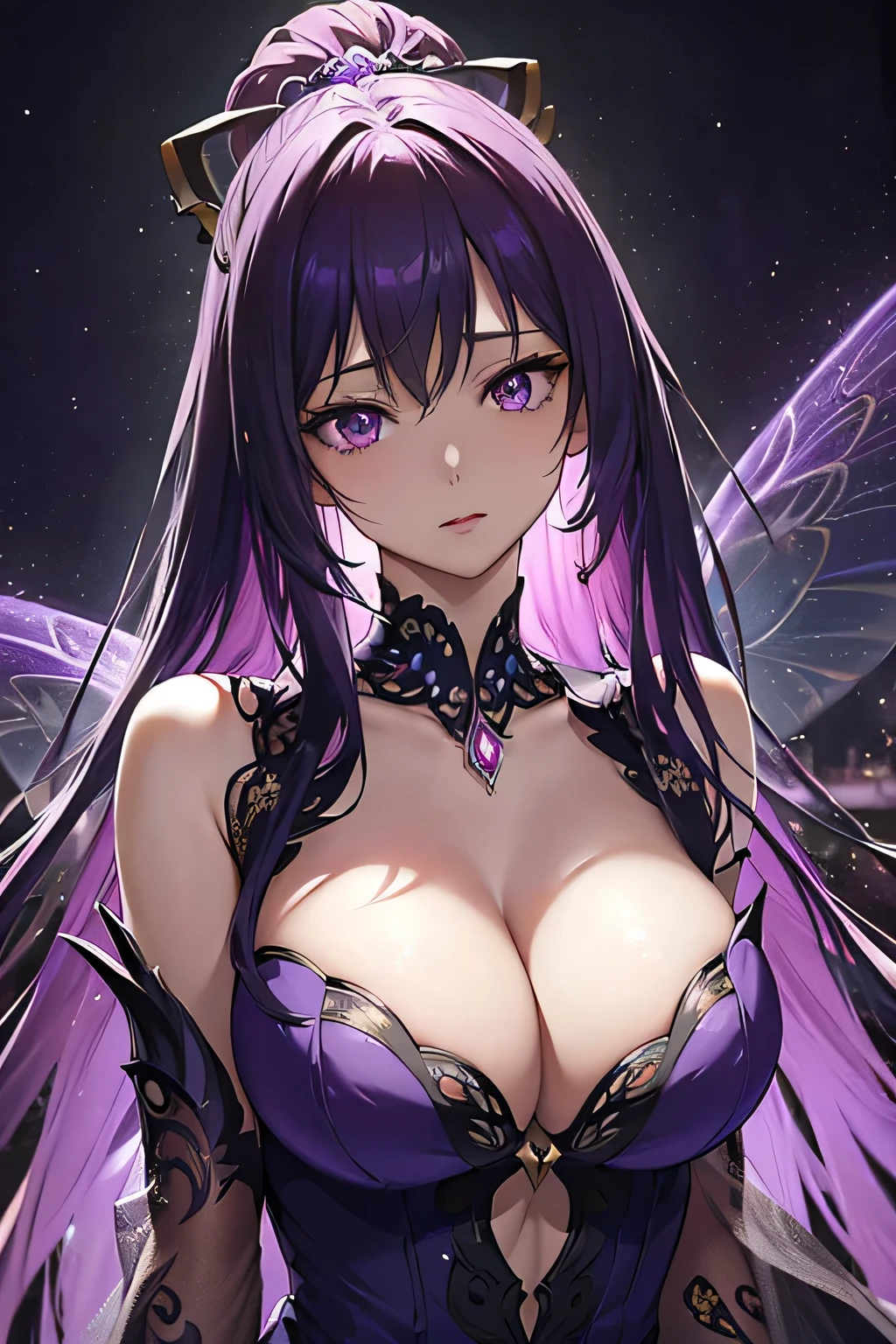 a beautiful anime girl in an intricate, flowing purple ball gown with butterflies, magical fantasy dress, astral witch garbed in a magnificent ethereal dress, digital art of an elegant flowing gown, detailed portrait of a woman wearing a fantastical formal outfit, detailed fantasy attire, cinematic lighting, highly detailed, photorealistic, 8k, sharp focus, vivid colors, cinematic lighting