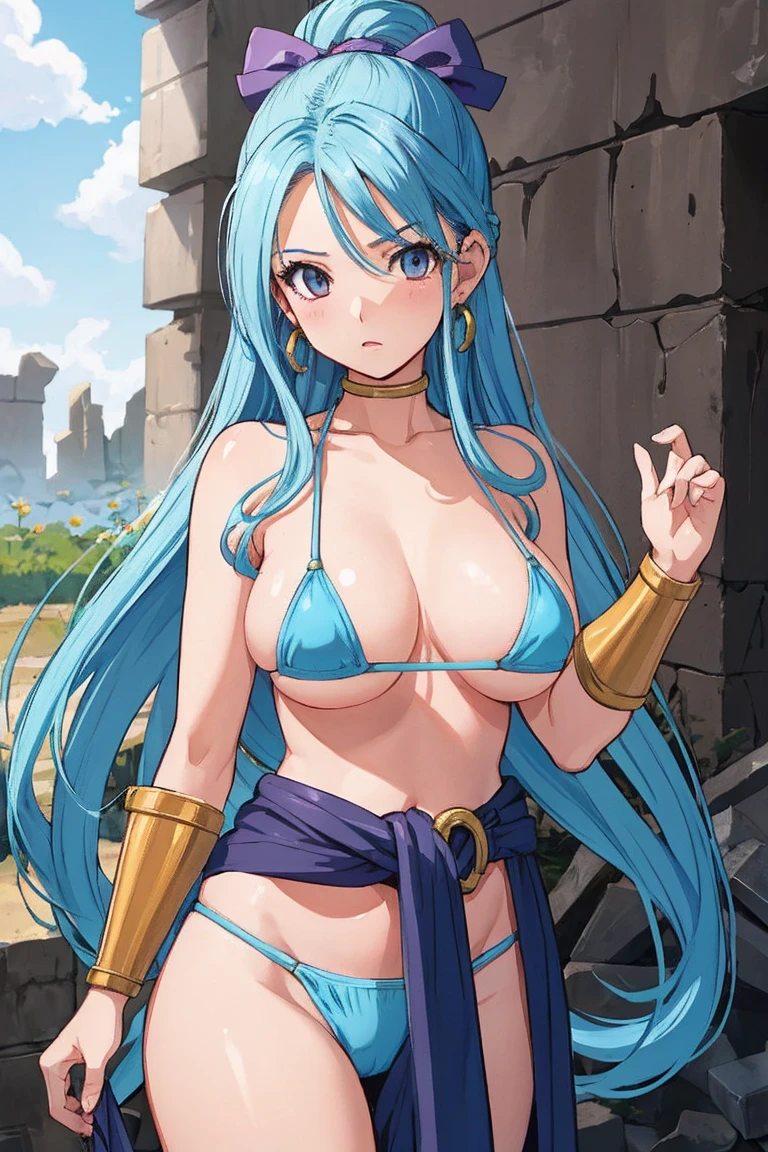 Light blue, Hair Ribbon,Long hair that reaches down to the waist、Earrings,Large Breasts 、Dragon Quest、flora、Female Warrior、Micro Bikini Armor。Osana wife、Ruins in the background。Hero'sword、Hero'shield