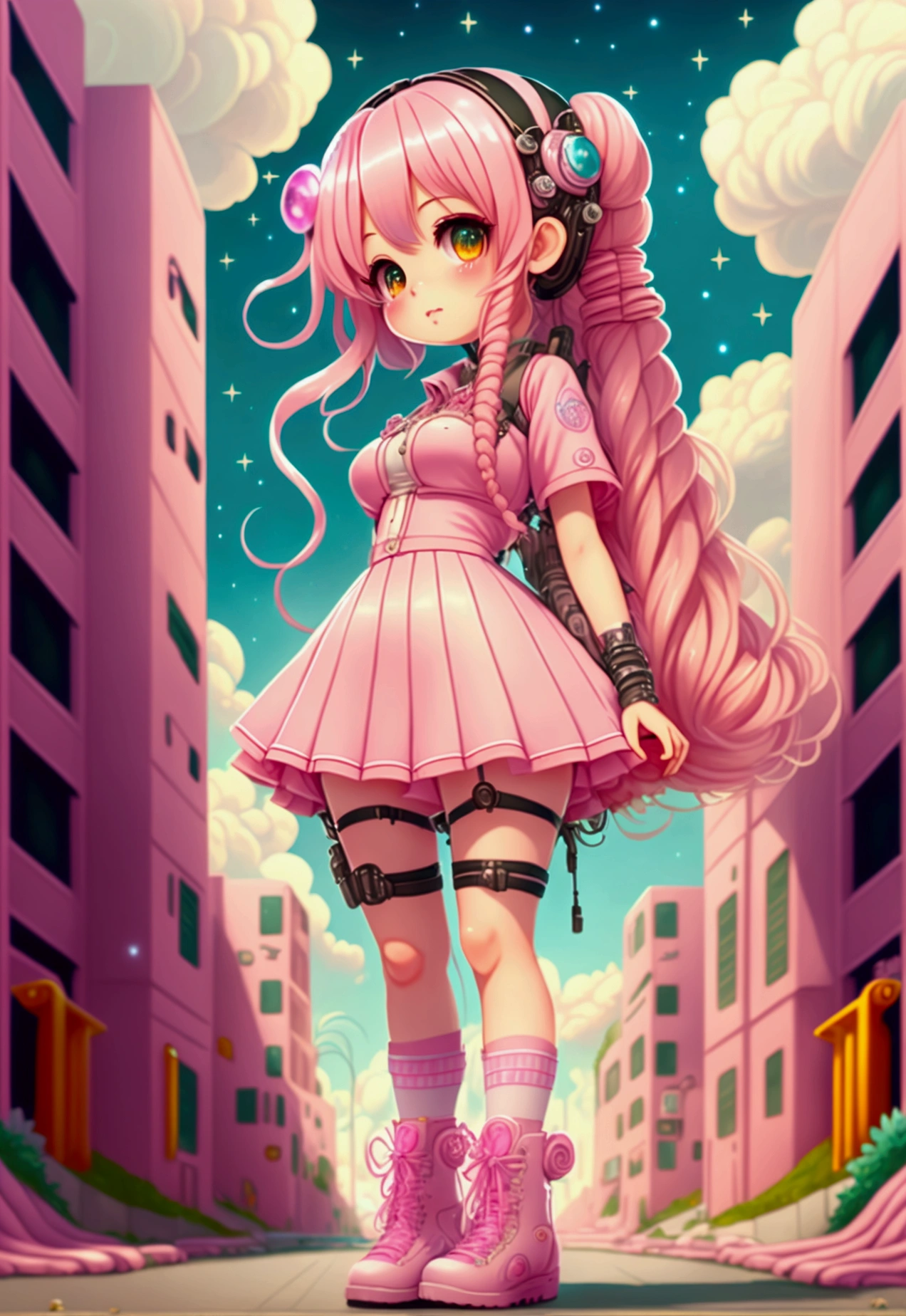 High resolution, Highest quality, masterpiece, Very high quality, Very detailed, Surreal, 3d, anime, An illustration, Fantasy, Hard Rock Girl, So beautiful and cute, Pink wavy hair, Side braid, mini skirt, Knee-high socks, Engineer boot, background cyberpunk city galaxy  