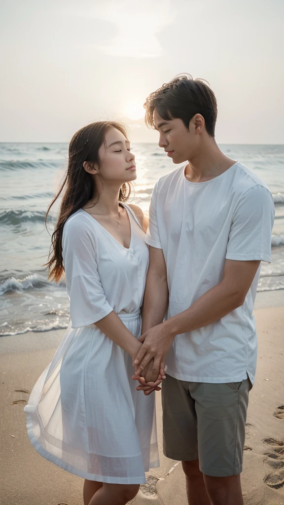 Create a serene portrait of a young Asian couple (wait for it at the beach). for girls' outfits (wearing a loose white blouse, paired with a breezy underskirt). (Her eyes are looking at the viewer), her breasts are natural, and she has a peaceful expression on her face, enjoying the moment. The background features gentle waves crashing against the beach sky, creating a serene and calming atmosphere. The overall mood of this image is reflective and serene, capturing the essence of relaxation and peace by the sea and holding hands with a man.