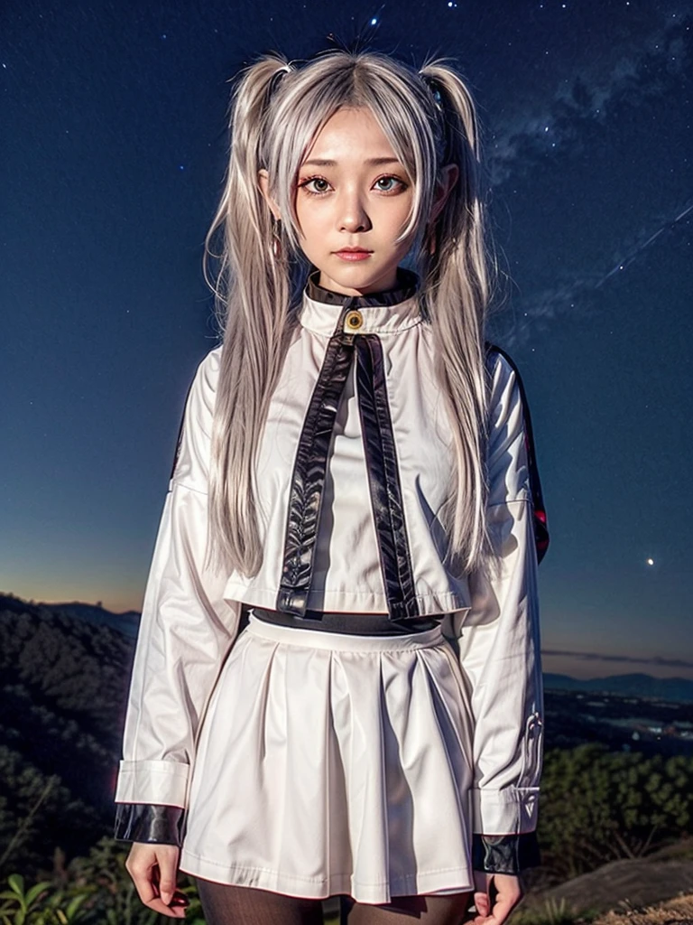 One girl,alone,Fairy,Gray Hair, Grey Hair, Earrings, Pointed Ears, Long Hair, ponytail, Green Eyes, Twin tails, Parted bangs, Thick eyebrows,
Capelet with collar, White capelet, Striped shirt, Long sleeve,Striped, White Skirt,
pantyhose,
Night Sky, performer, Milky Way, milky way,