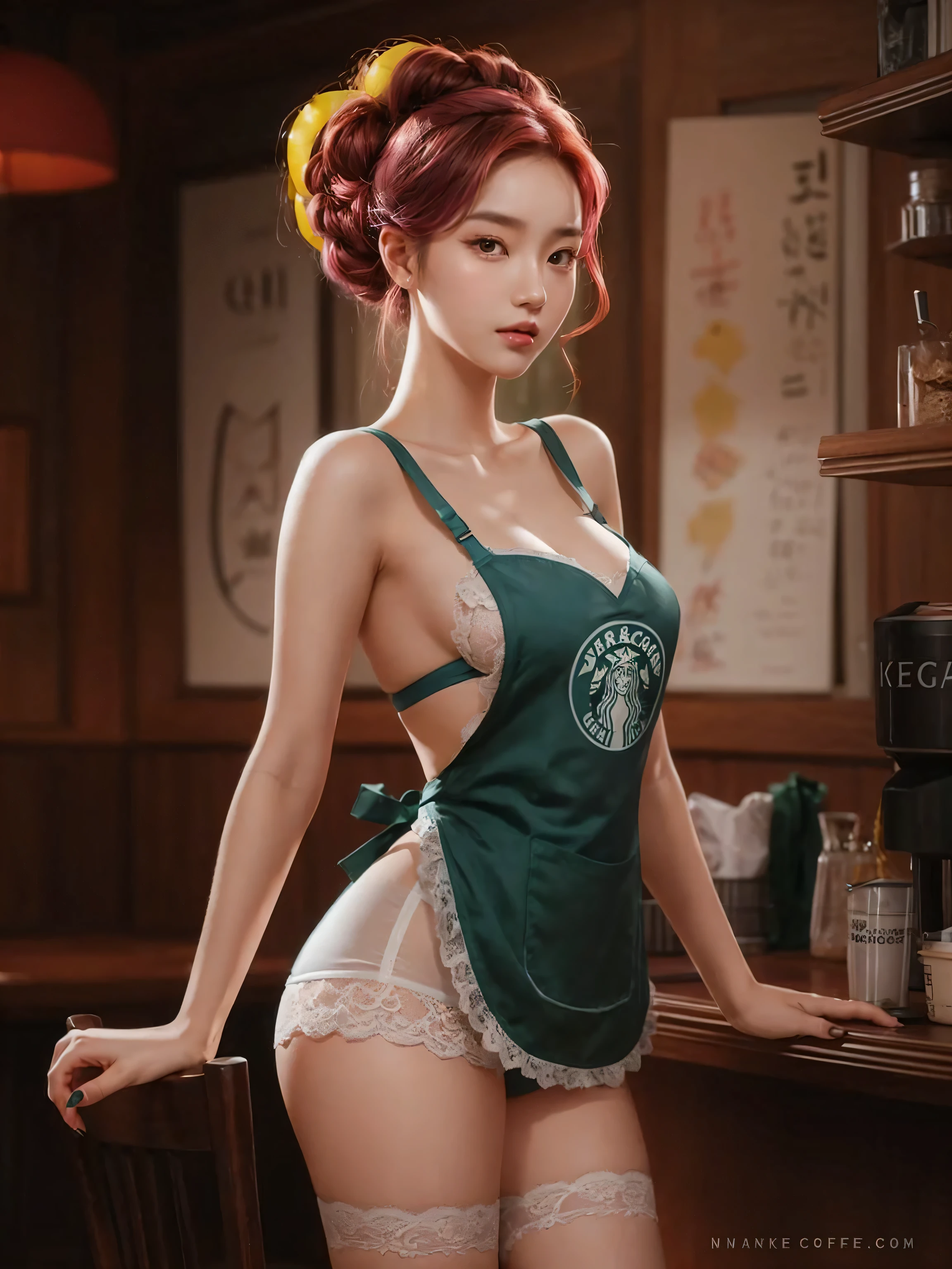 young korean female with a pear body shape and fair skin, she has a curvy larged-size chest, Cool beauty，Looks sweet，(updo, blue and pink hair), only wearing dark green starbucks apron, off-shoulders with lace strapless bra, white lace-trimmed underwear, she has big thigh, full body photo, standing pose. Side view. In coffee shop.