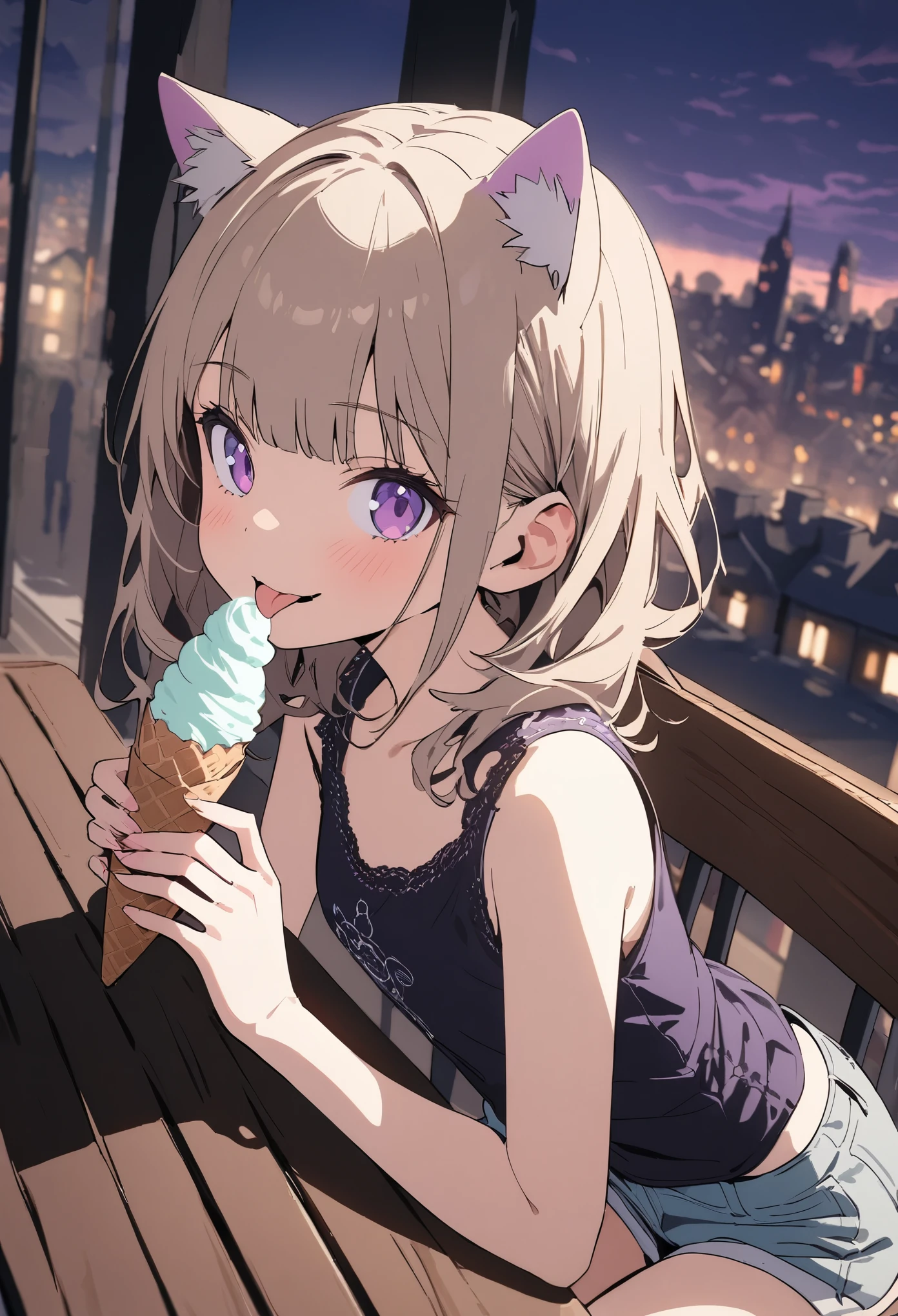 ((Masterpiece)), ((best quality)), ((kawaii)), (flat color), (flat shading), ((extremely detailed)), 4K, (8K), (super detail:1.2), (High Definition:1.3), (Professional Photography:1.2), cinematic lighting, (very aesthetic:1.2), (absurdres:1.2), (sharp focus), (perfect light), ((1girl)),((s old)), (1girl), cute young girl, (naughty smile), ((sticking out tongue)), (Beautiful deep purple eyes:1.2), (put on cat ears), girl, (Embroidered cute tanktop), small breast, Healthy skin, (Healthy slim body), shortpants, pudgy cheeks, BREAK, ((best quality)), (very aesthetic:1.2), (absurdres:1.2), ((extremely detailed)), (loose blunt bangs), ((Beautiful Silky hair)), medium hair, ((beautiful pale brown hair)), 🌈, ((Eating vanilla ice cream)), loose sitting on chair, ice cream on the café terrace, (the Midsummer Cafe Terrace), Beautiful cityscape Background, Large Cumulonimbus Clouds, pastel colors clouds, kawaii, cute colors,