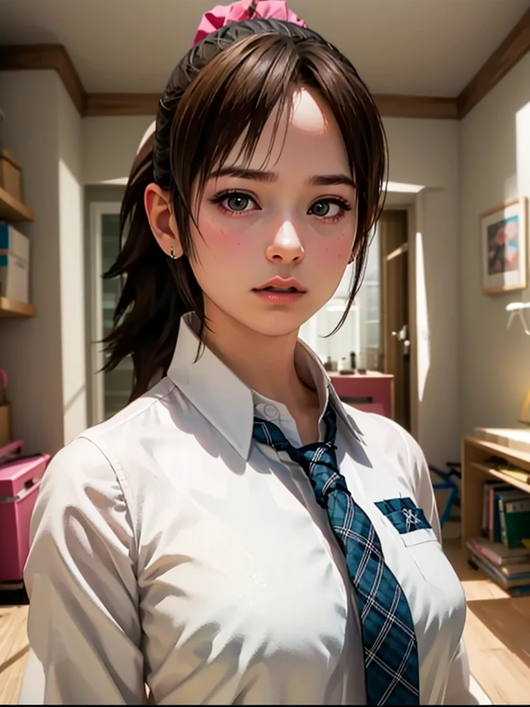 miiyamotohikari,1girl,solo, vignetting,blurry background, realistic,black hair,ponytail,bangs,scrunchie,pink scrunchie, brown eyes, , huge nude tits,necktie,plaid necktie, indoors,bedroom, looking at viewer,rejection,resistance,unhappy,closed mouth,lips,huge breasts nude , upper body,portrait,face focus,