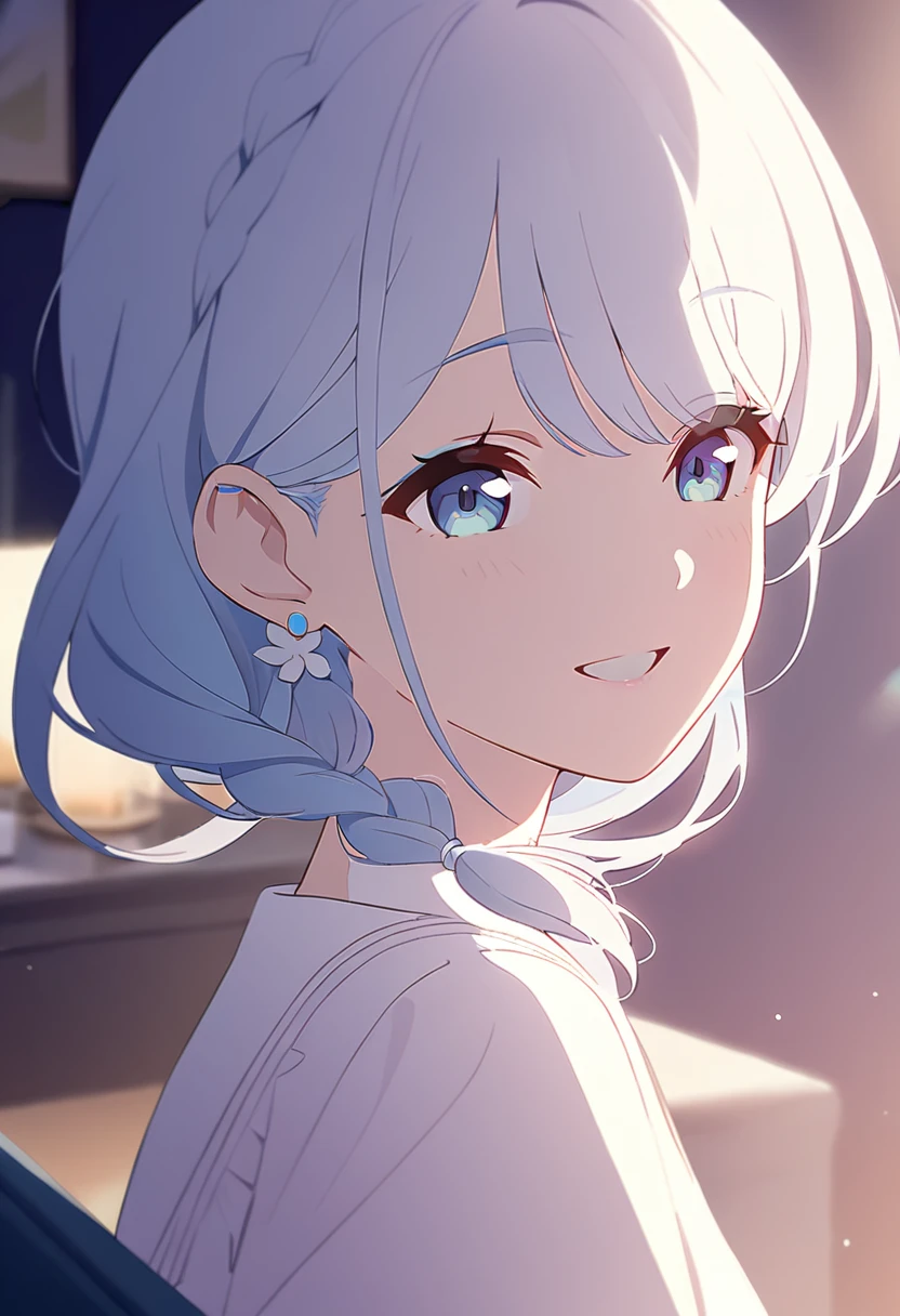 One girl、Medium hair with light blue hair、Braided medium hair、White flower earrings and hair accessories、smile、smile、White dress、、Gazing at the audience、Perfect Face、Eye highlights、Pretty girl、Light blue solid background、highest quality、Masterpiece、Casual atmosphere